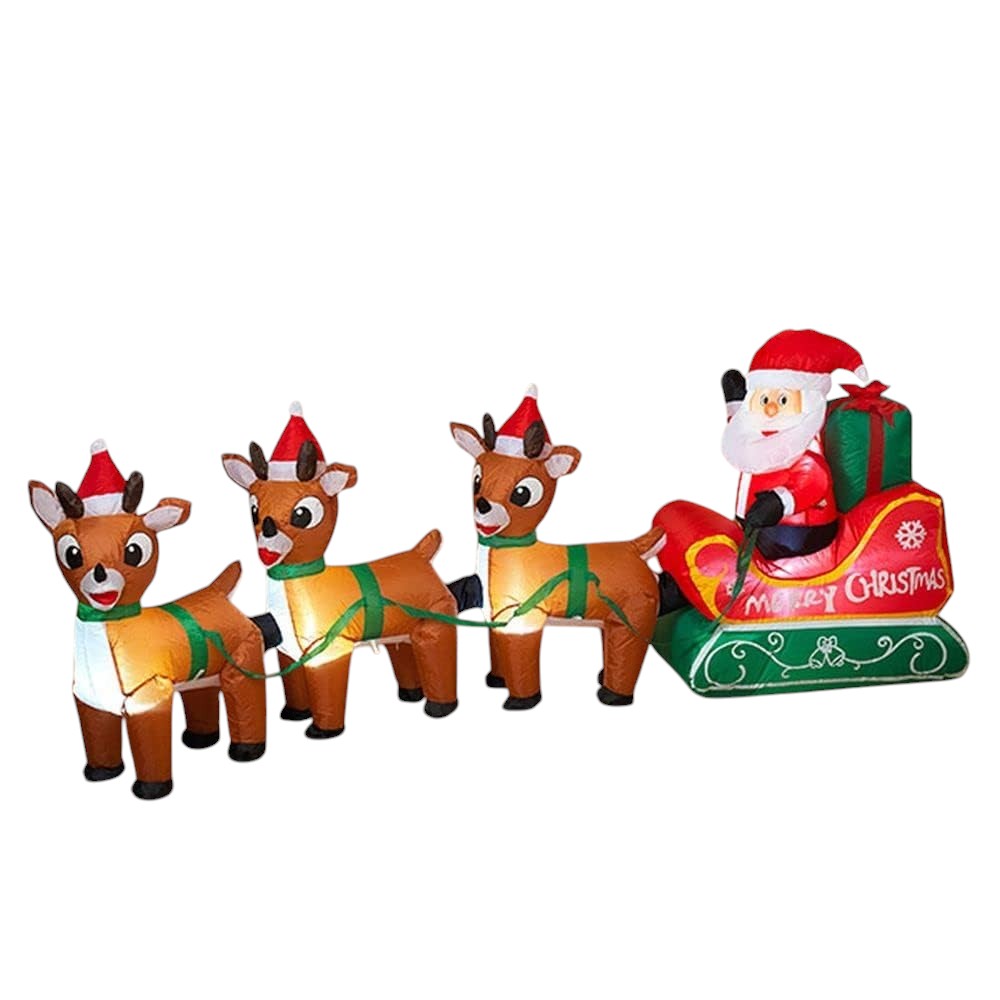 8Ft Long Lighted Christmas Santa Claus On Sleigh With 3 Reindeer