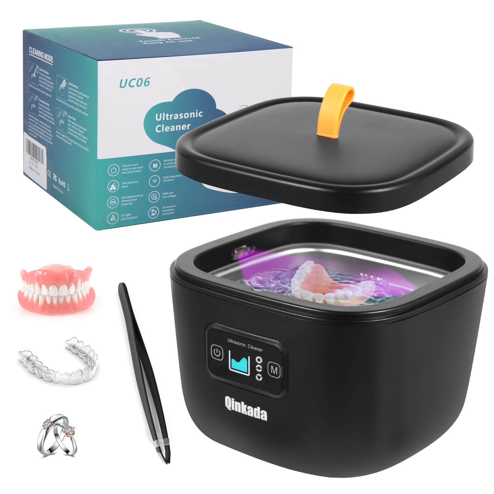 Ultrasonic Jewelry Cleaner, 45kHz Cleaner for Denture, Mouth Guard, Aligner, Toothbrush Head, Watch, Ring, Silver, Gold, Ultrasonic Jewelry Cleaner Portable for Home and Travel (Black)