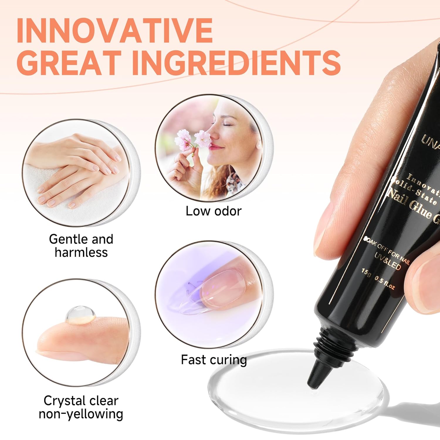UNA GELLA Solid Nail Glue Gel 15ml Lamp Curing Needed Solid Soak Off U V/LED Lamp Required Super Strong Glue for Fake Acrylic Soft Gel Nail Tips Press On Nails Art Extension