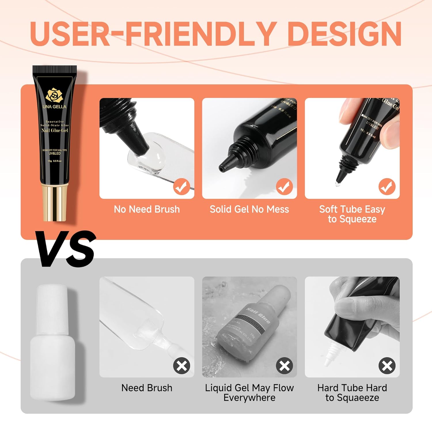 UNA GELLA Solid Nail Glue Gel 15ml Lamp Curing Needed Solid Soak Off U V/LED Lamp Required Super Strong Glue for Fake Acrylic Soft Gel Nail Tips Press On Nails Art Extension