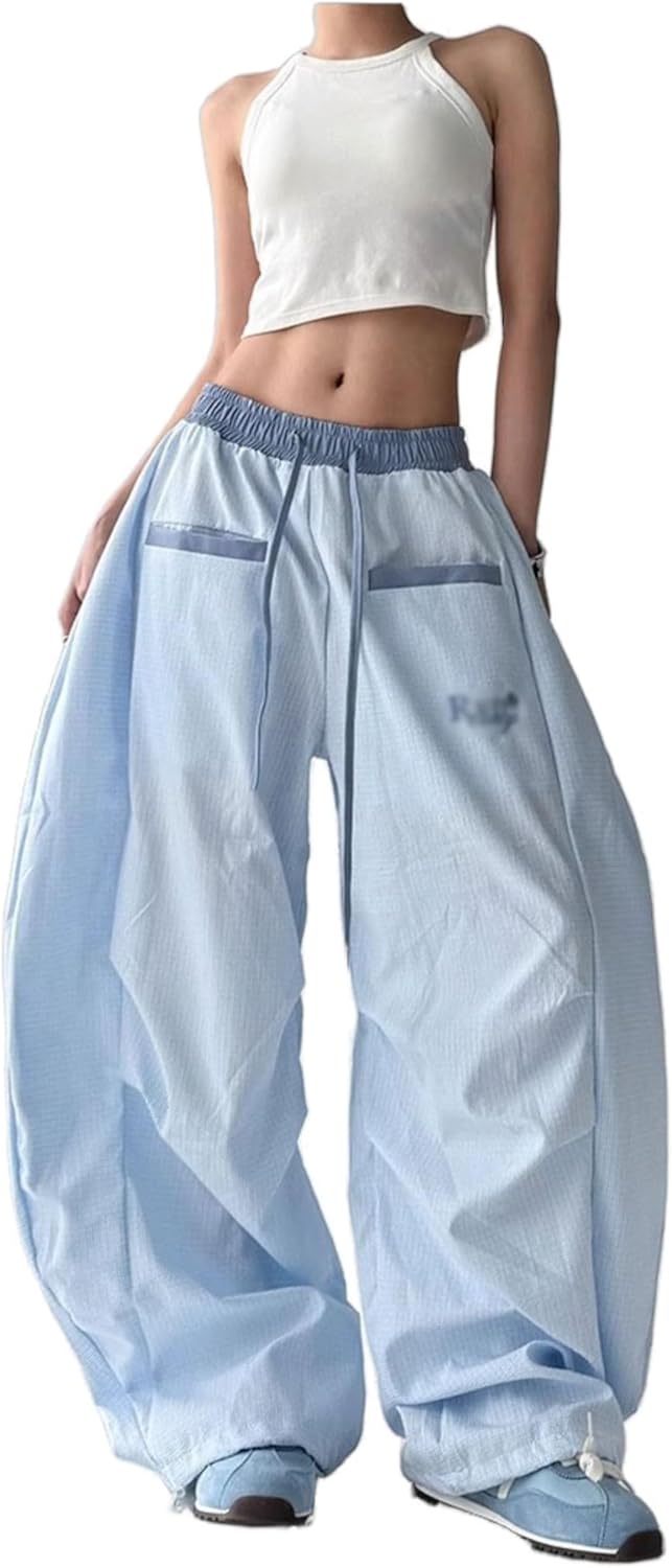 Unilexi Women's Baggy Hip Hop Pants Y2K Cargo Pants Wide Leg Elastic Waist Parachute Sweatpants Casual Curved Trousers