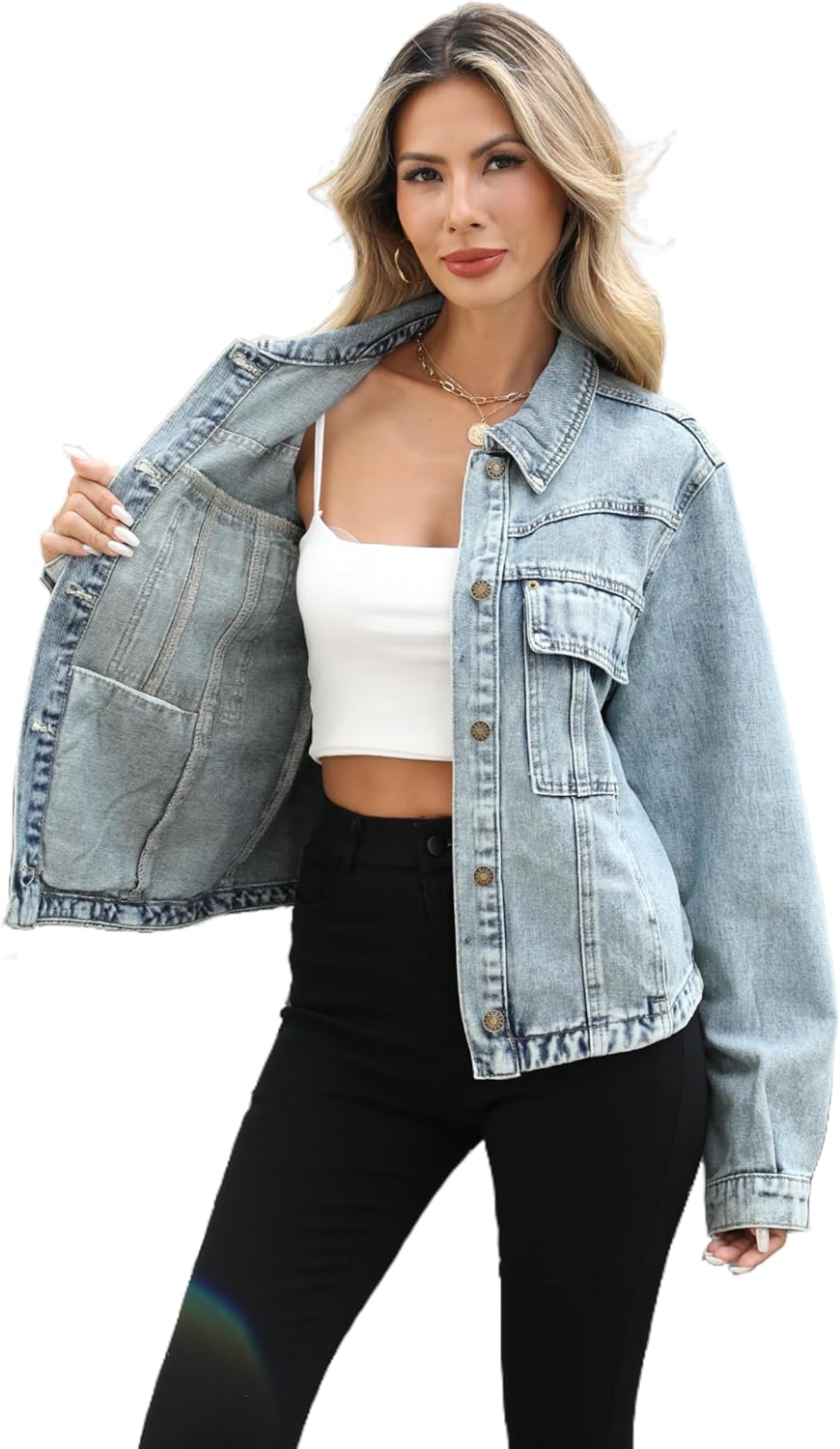 Unilexi Womens Basic Long Sleeve Denim Jackets Trendy Button Down Jean Jacket Casual Trucker Jackets With Pockets
