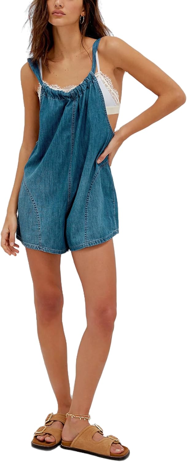 Unilexi Womens Casual Denim Backless Shorts Romper Loose Adjustable Straps Jeans Shorts Overalls with Pockets