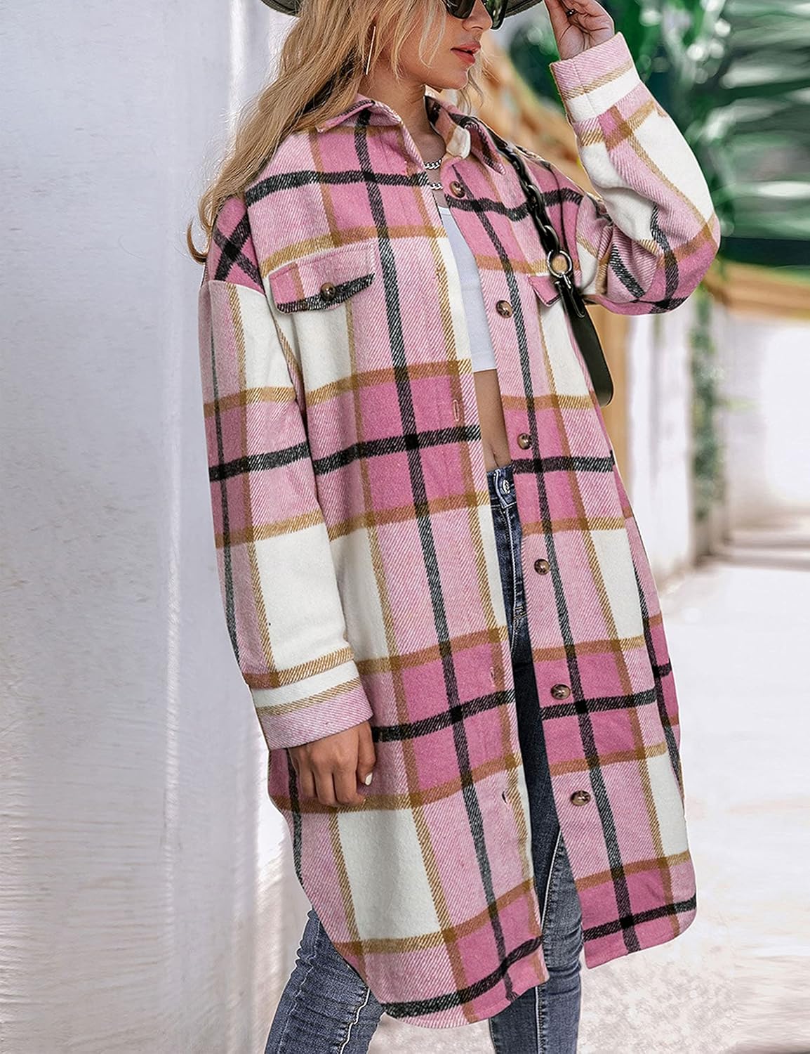 Unilexi Womens Casual Long Plaid Flannel Shackets Long Sleeve Lapel Thin Coat Button Down Oversize Shirt Jacket