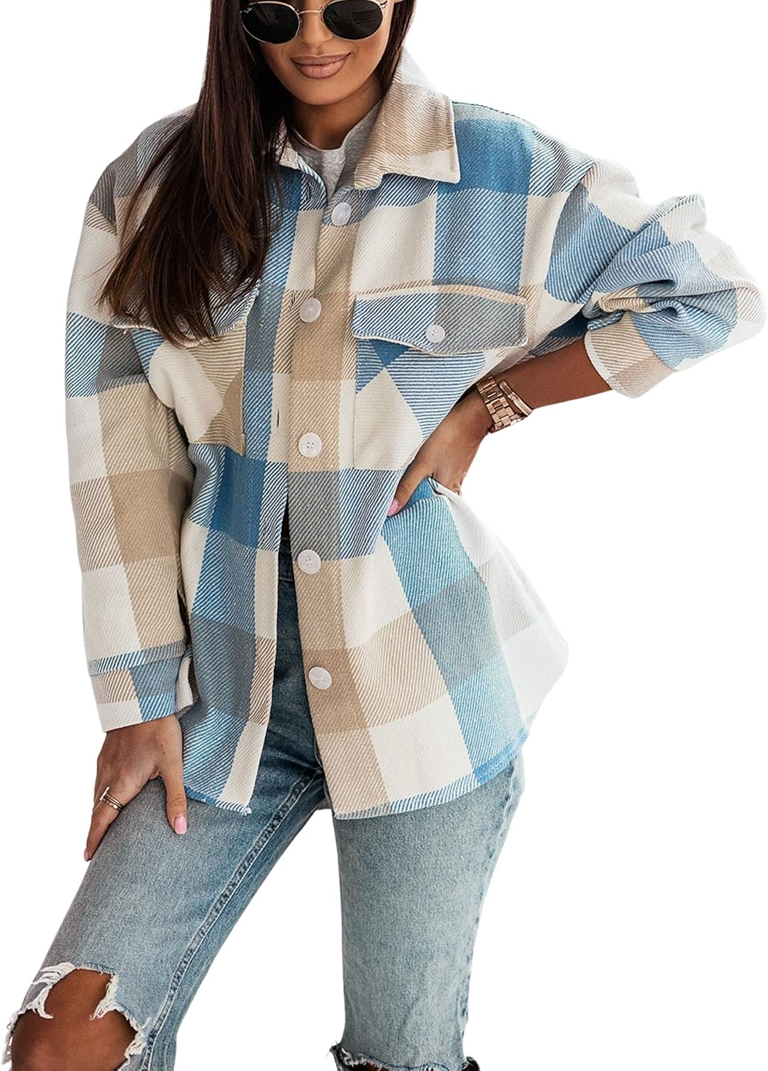 Unilexi Womens Fashion Long Sleeve Colorful Plaid Shackets Loose Lapel Collar Fleece Cardigan Coat