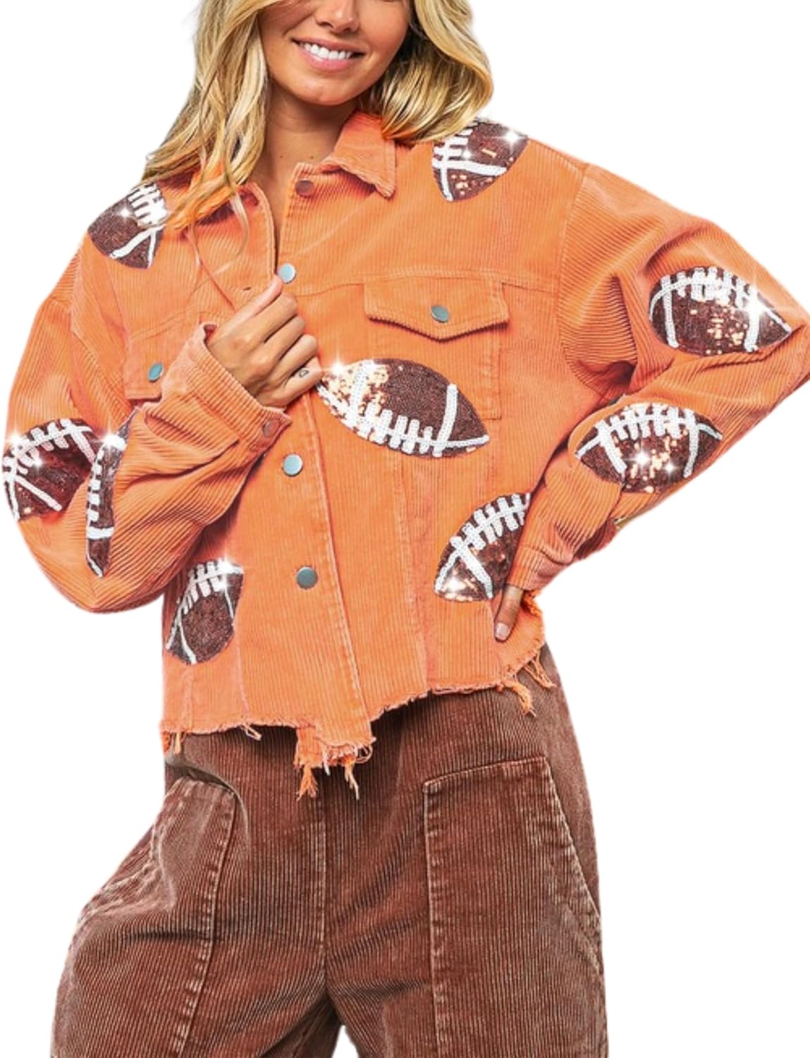 Unilexi Womens Football Jacket Cropped Frayed Hem Corduroy Jacket Coat Sequin Game Day Outfits for Women