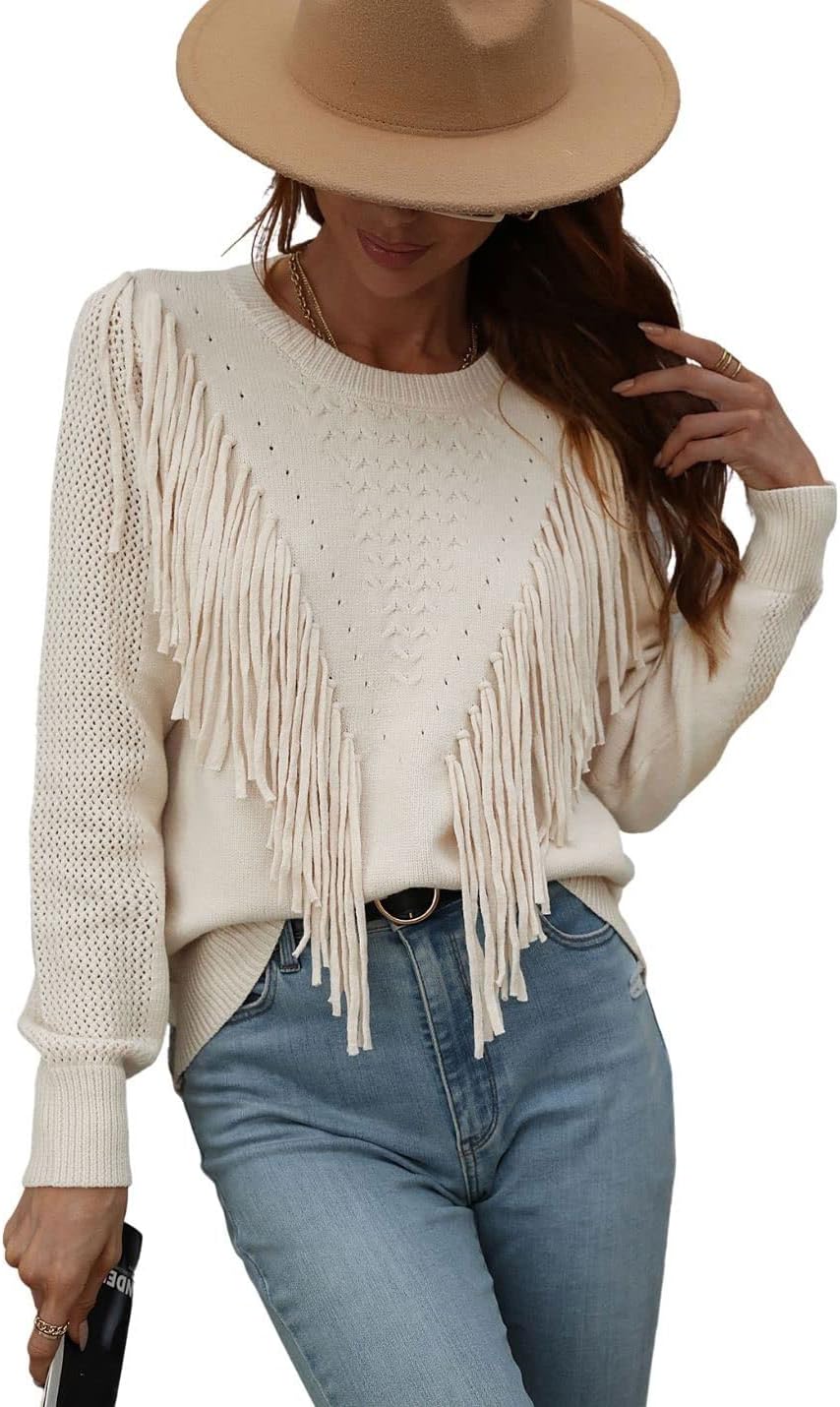Unilexi Womens Long Sleeve Solid Color Crew Neck Sweater Loose Front Fringe Knit Tops
