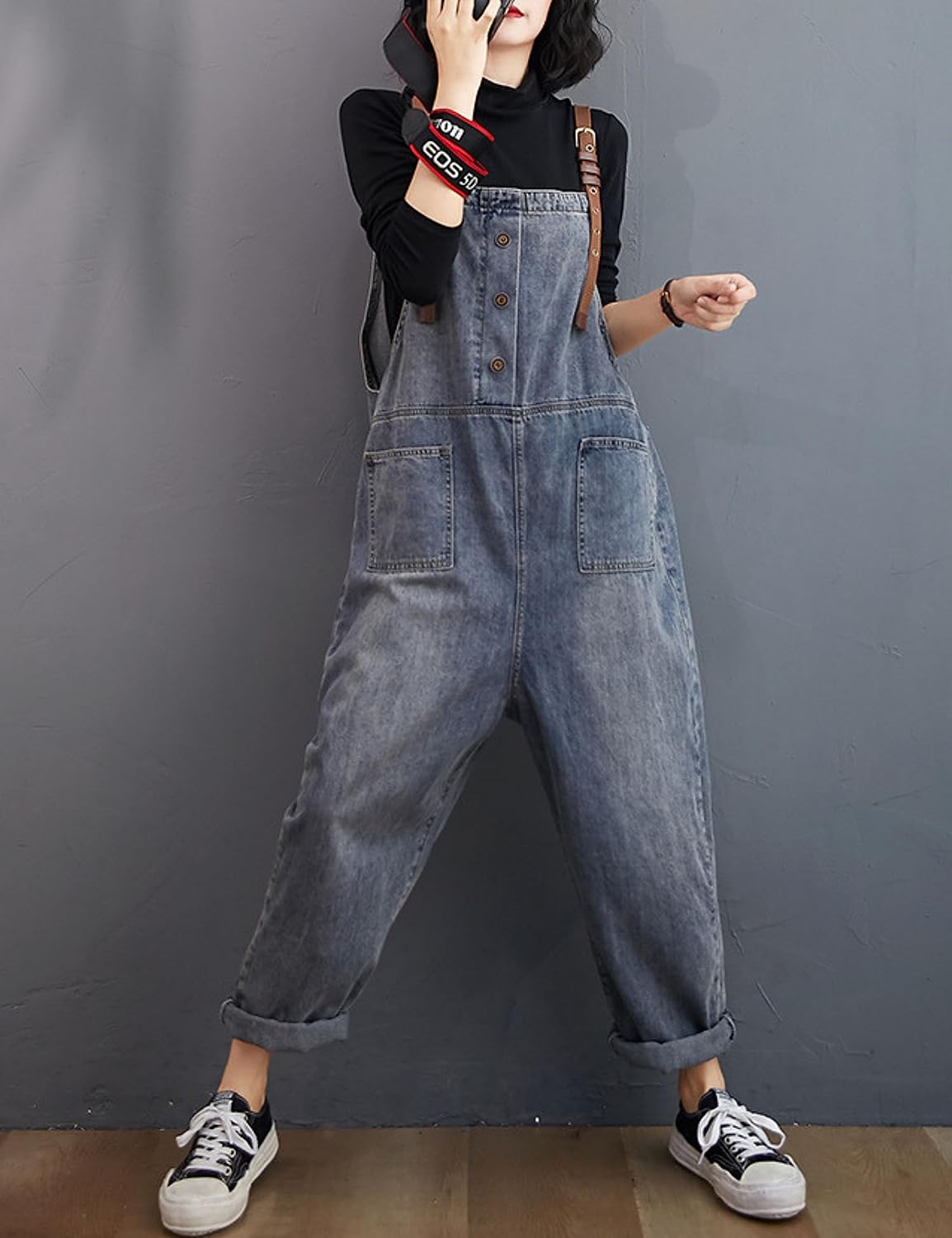 Unilexi Women’s Loose Baggy Adjustable Straps Wide Leg Jean Overalls Bib Pants Casual Cropped Denim Jumpsuit