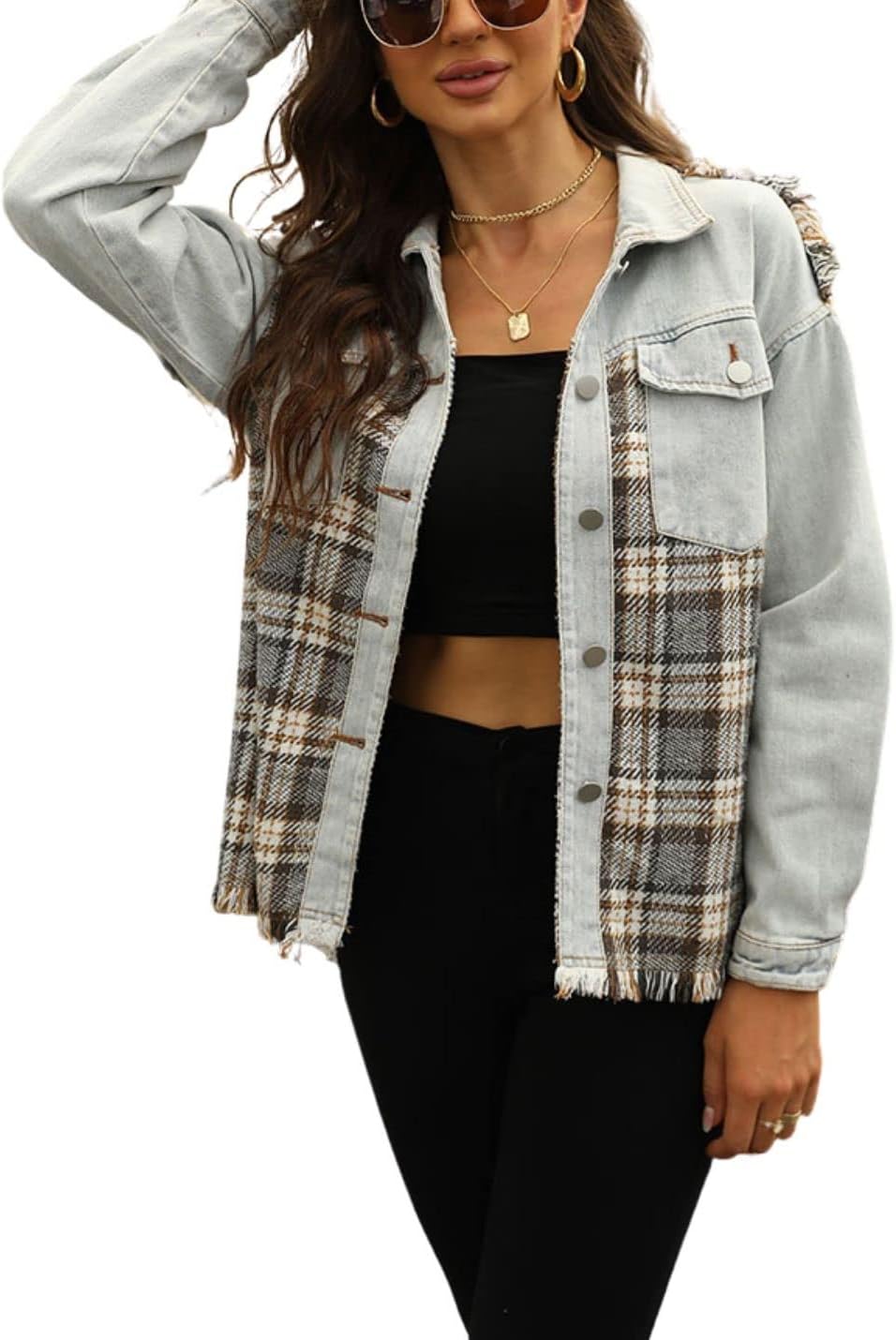 Unilexi Womens Loose Paneled Plaid Denim Jacket Long Sleeve Raw Hem Jean Shacket