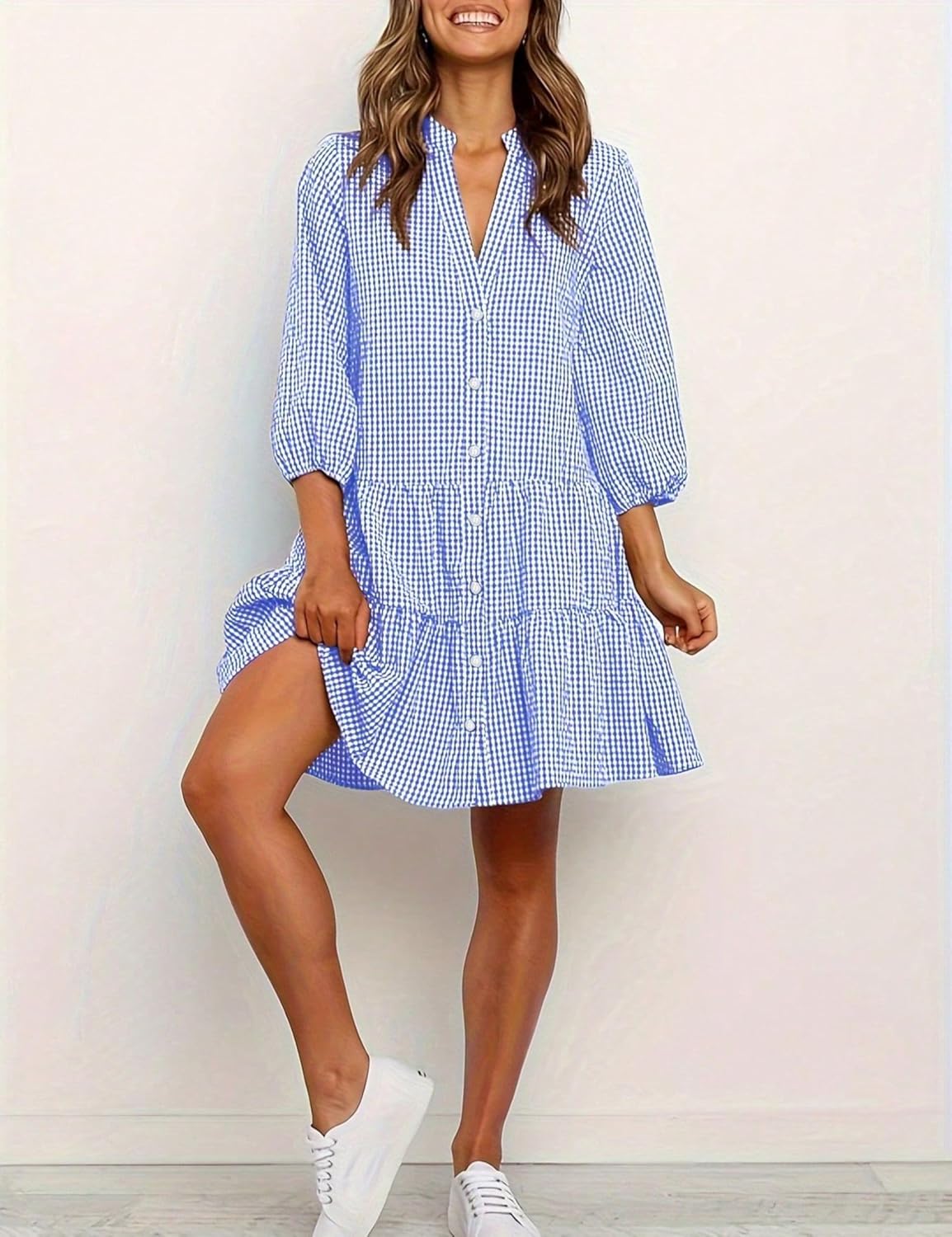 Unilexi Womens Loose Plaid Shirt Dress Button Down V-Neck Trendy Gingham Dress with Tiered Bottom for Women
