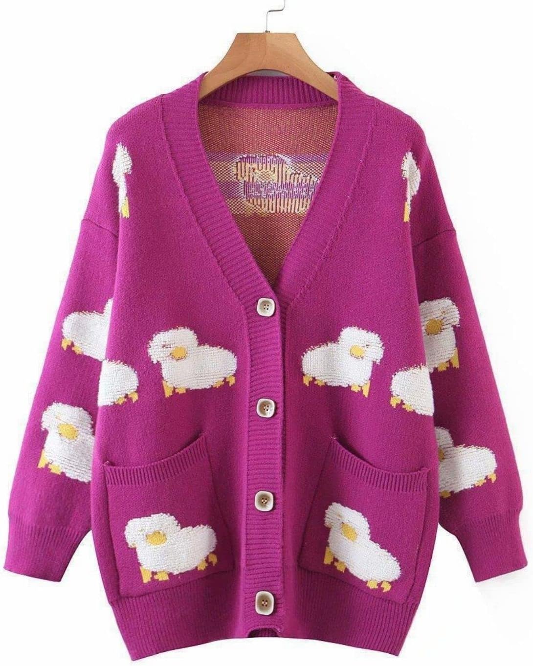 Unilexi Women's V Neck Button Long Sleeve Sweater Cartoon Sheep Cute Knitted Cardigan Coat with Pockets