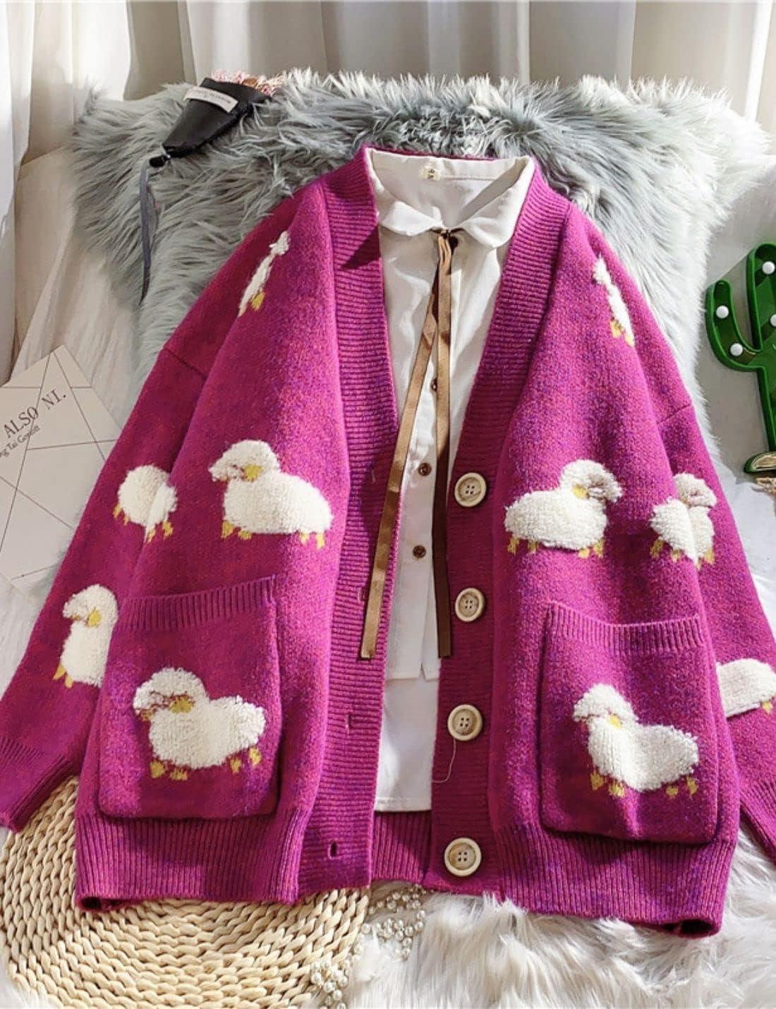 Unilexi Women's V Neck Button Long Sleeve Sweater Cartoon Sheep Cute Knitted Cardigan Coat with Pockets