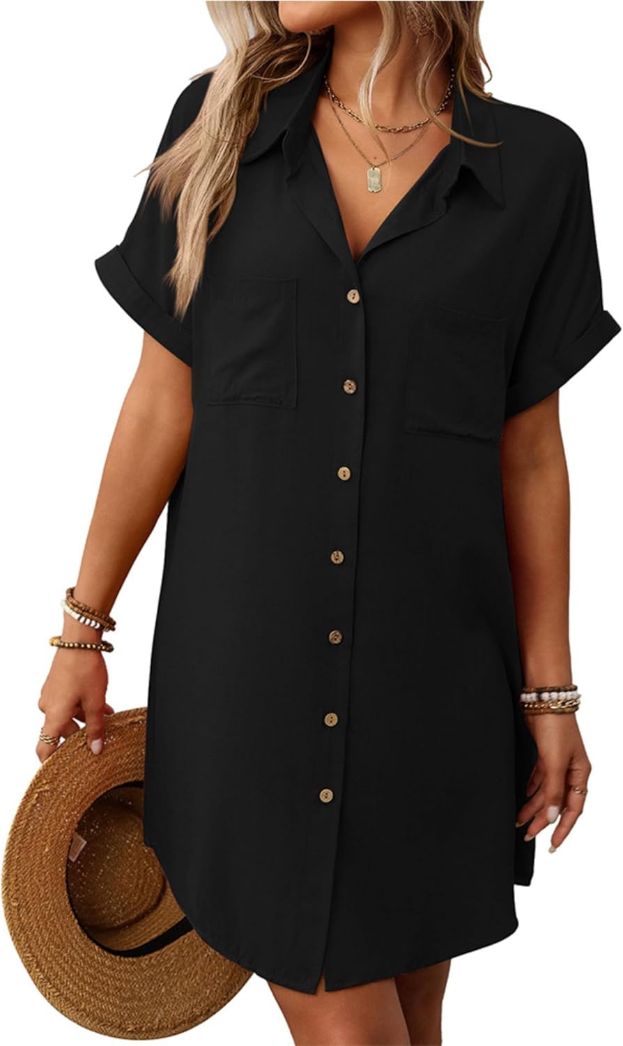Unilexi Womens V-Neck Mini Shirt Dress Casual Button Down Short Sleeve Sundress for Women(0294-Black-L)