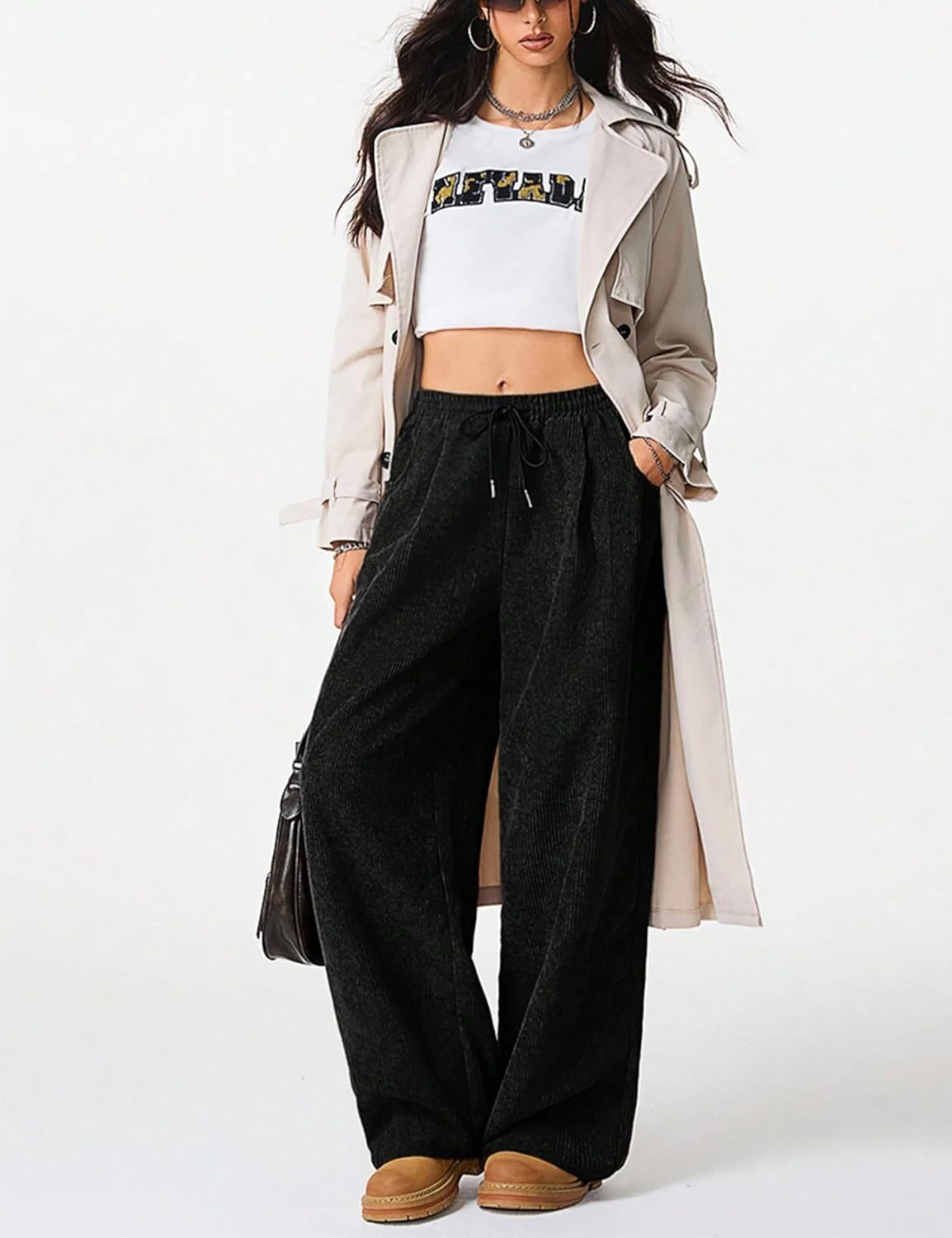 Unilexi Womens Wide-Leg Corduroy Pants with Drawstring Elastic Waist Casual Palazzo Pants Loose Fit