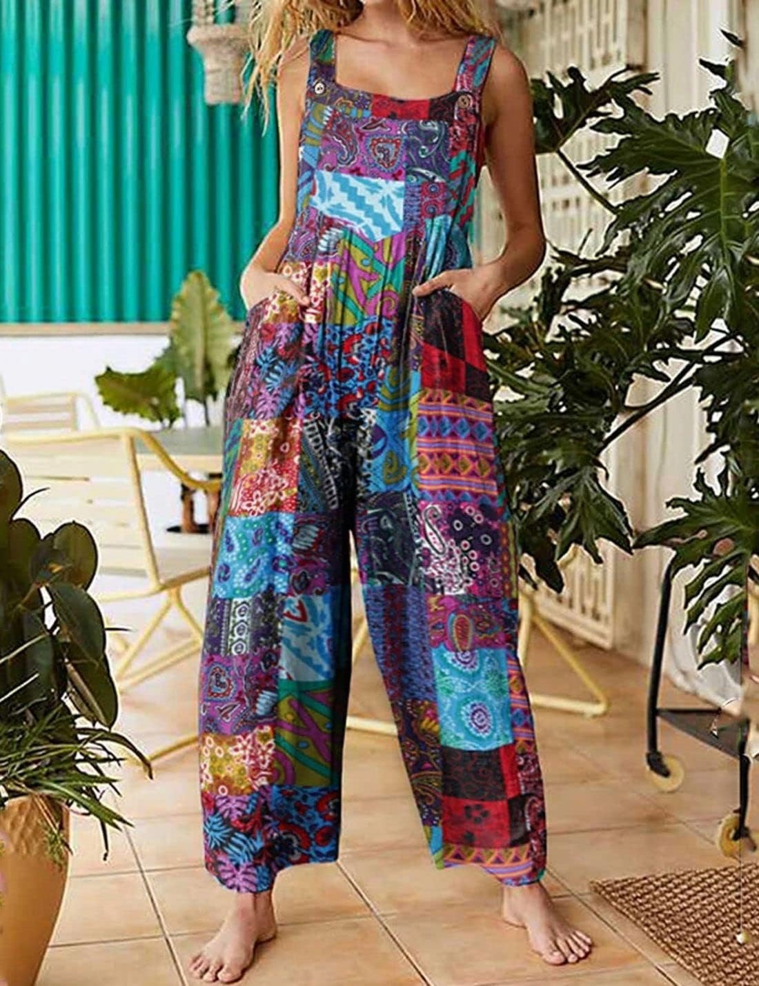 Unilexi Women's Wide Leg Cotton Jumpsuits Boho Floral Print Casual Bib Overalls with Pockets