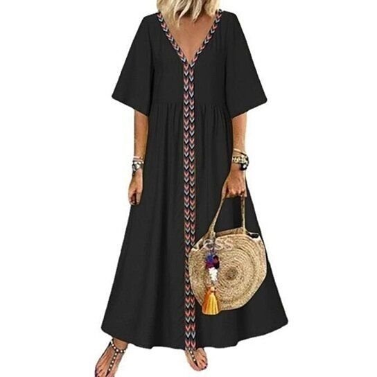 V-Neck Short Sleeve Cotton Maxi Dress