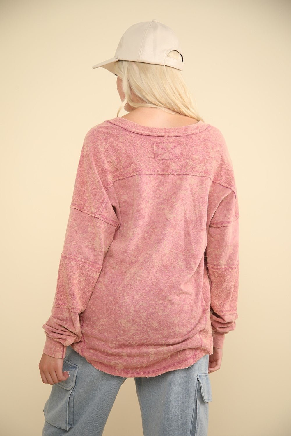 VERY J Washed V-Neck Exposed Seam Knit Top For women