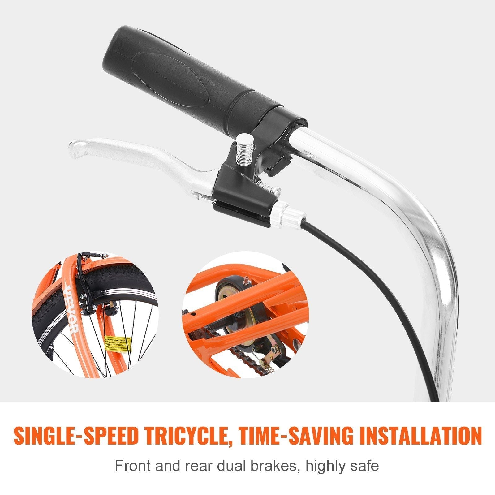 VEVOR Adult Tricycles Bike, 26 Inch Three-Wheeled Bicycles, 3 Wheel Bikes Trikes, Carbon Steel Cruiser Bike with Basket & Adjustable Seat, Picnic Shopping Tricycles for Seniors, Women, Men (Orange)