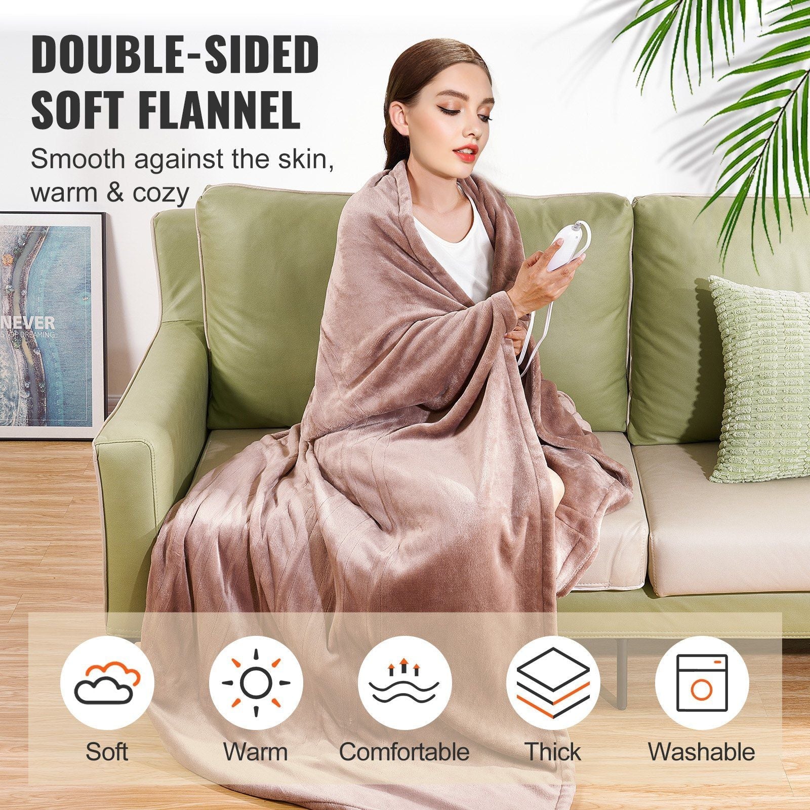 VEVOR Heated Blanket Electric Throw, 84" x 90" Queen Size, Soft Flannel Heating Blanket with 10 Hours Timer Auto-off & 5 Heating Levels, Dual Control, Machine Washable, ETL & FCC Certification (Beige)