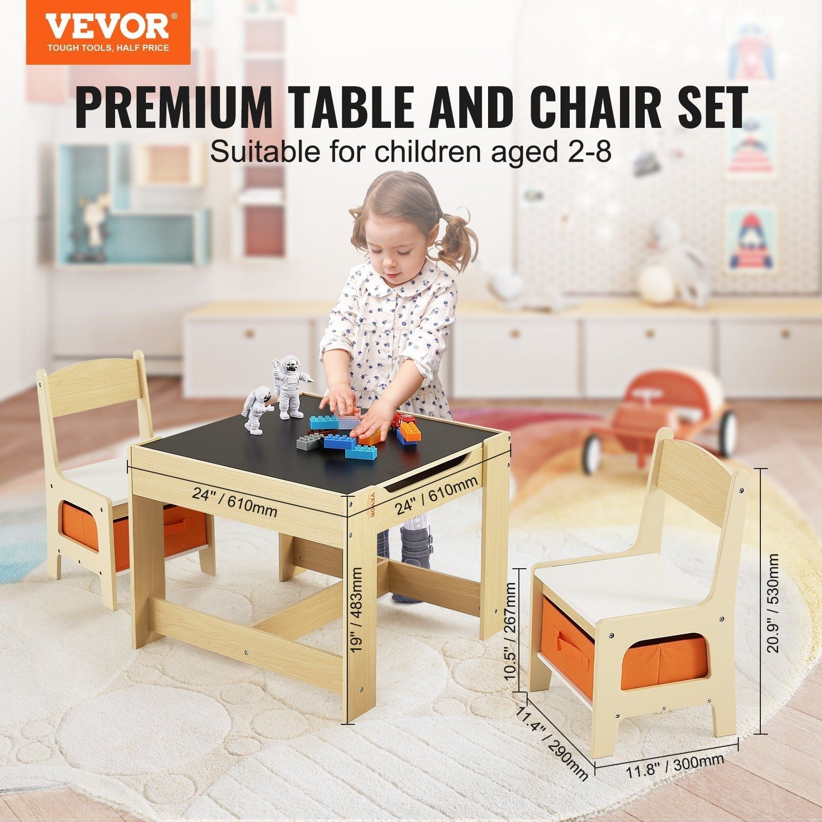 VEVOR Kids Table and Chair Set, Wooden Activity Table with Storage Space and Boxes, Kids Play Table for Toddlers Art, Craft, Reading, Learning