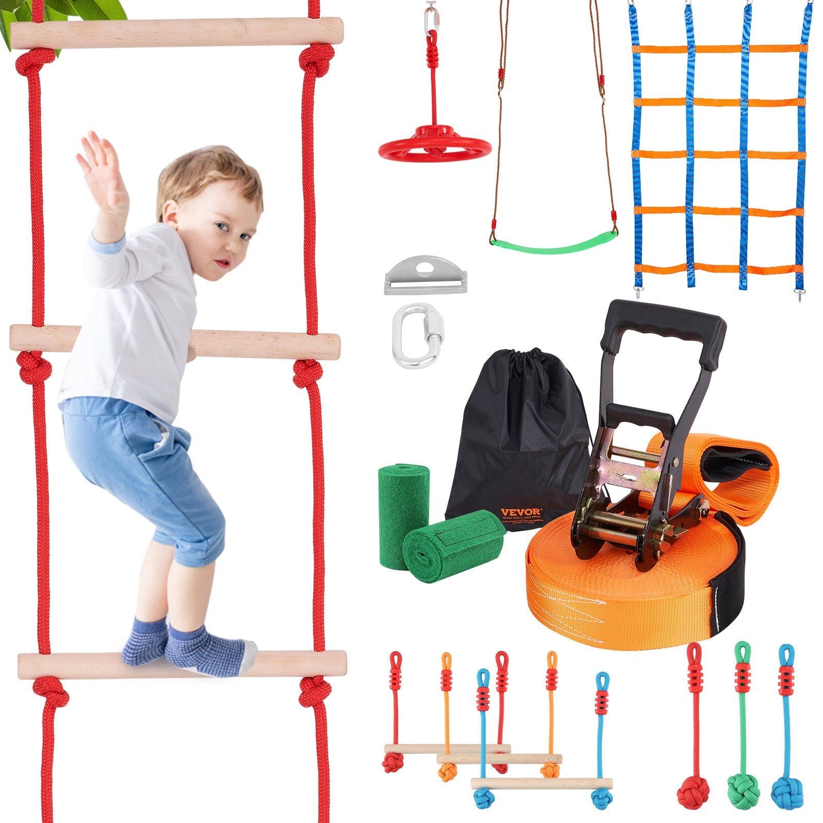 VEVOR Ninja Warrior Obstacle Course for Kids, 50 ft Weatherproof Slacklines, 500lbs Weight Capacity Monkey Line, Outdoor Playset Equipment, Backyard Toys Training Equipment Set with 10 Obstacles