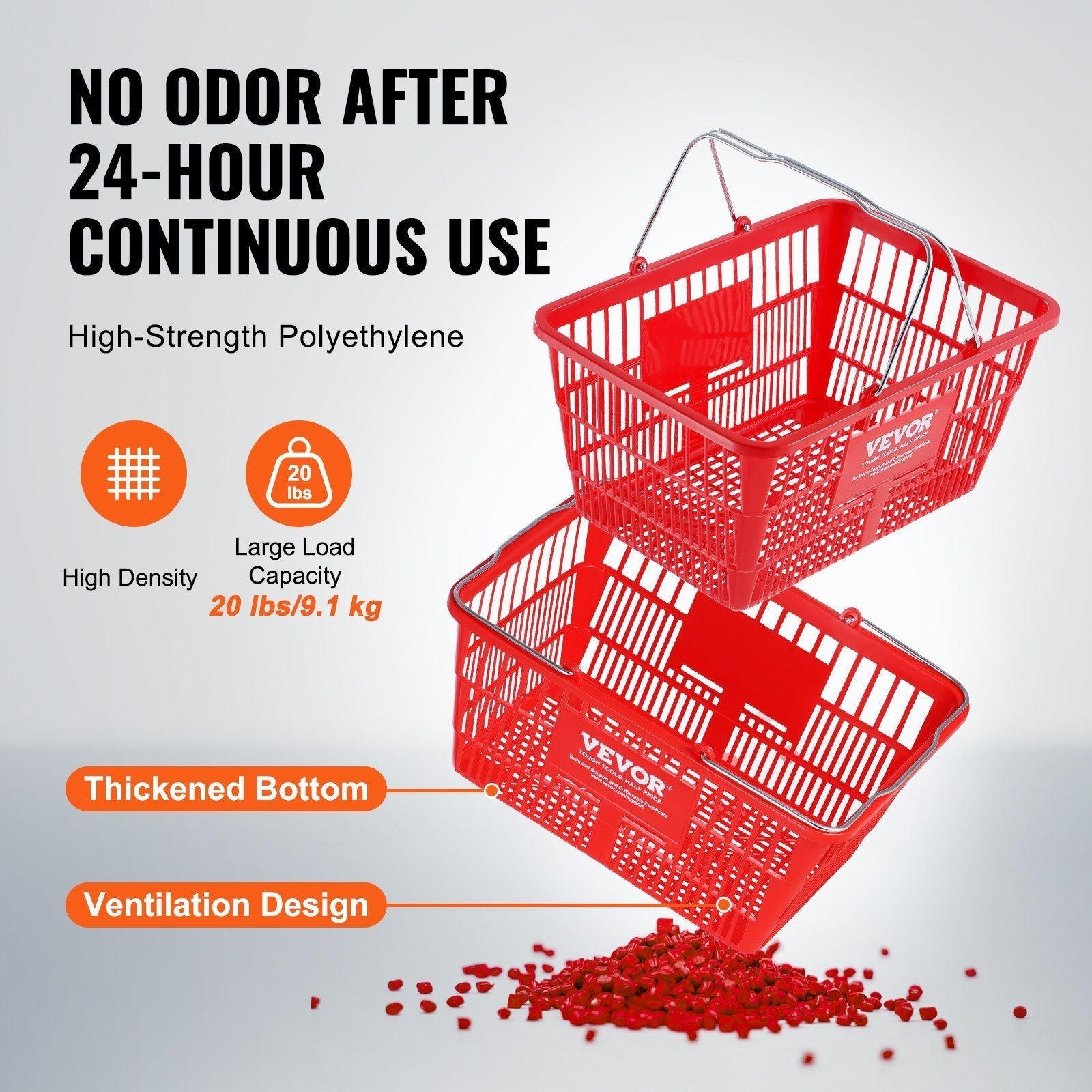 VEVOR Shopping Basket, Set of 12, 21L Durable Plastic Grocery Basket with Metal Handle and Stand, 16.73 x 12.01 x 8.58 inch Portable Shop Basket Used for Retail Store Supermarket Grocery Shopping, Red