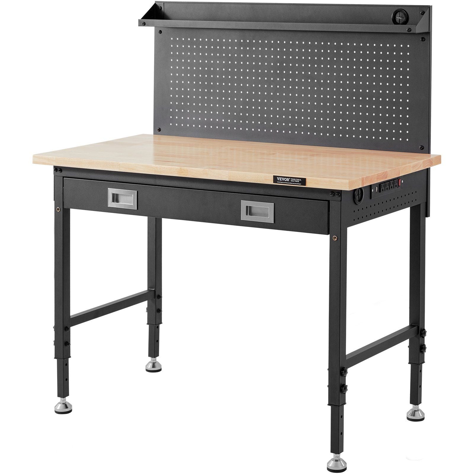 VEVOR Workbench Adjustable Height 28-39.5" Work Bench For Garage Oak Plank & Carbon Steel Heavy Duty Workbench 2000lbs Weight Capacity Bench top Size 48x24" Hardwood Workbench 3m Cable 30 Hooks