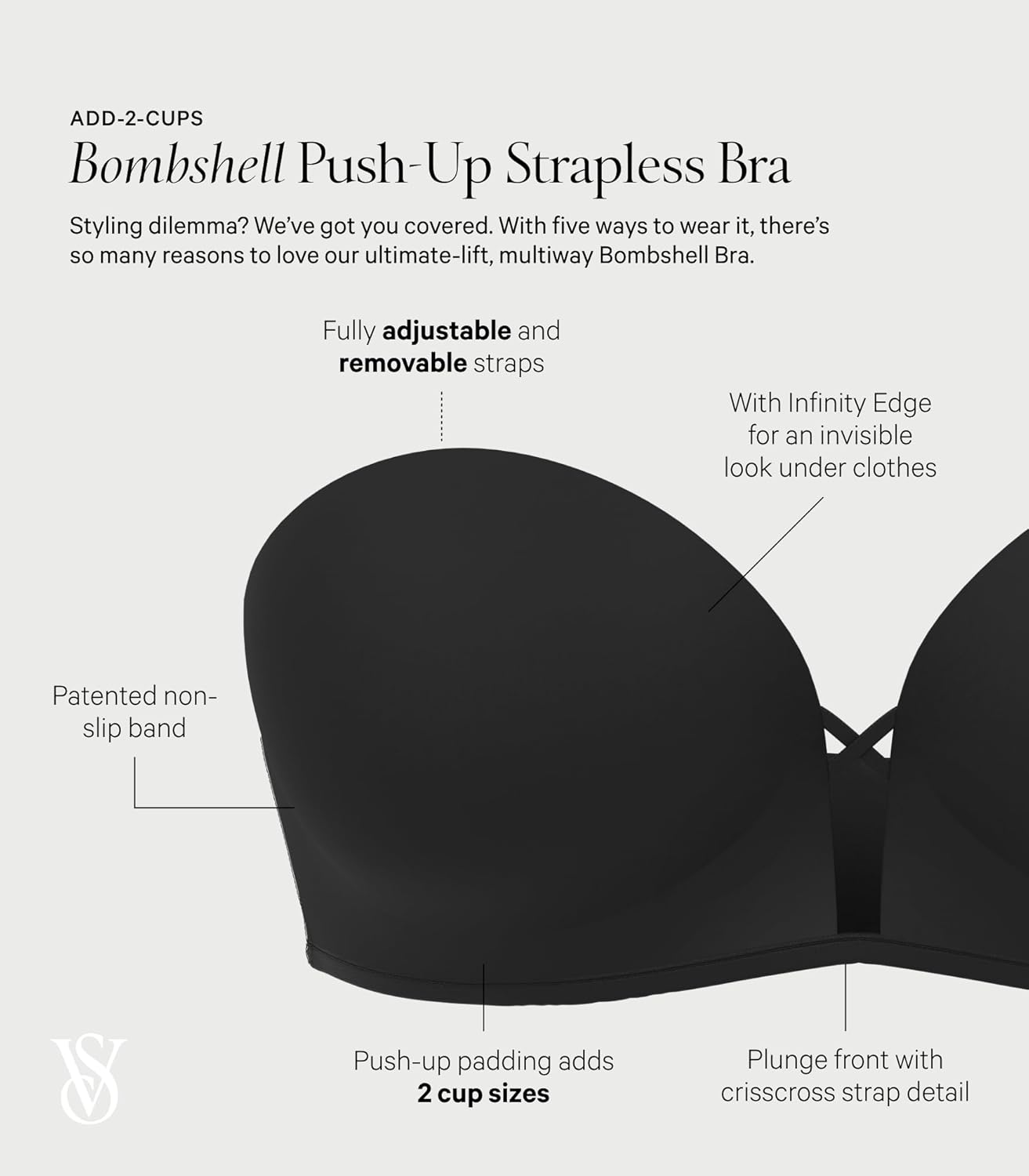 Victoria's Secret Women's Very Sexy Bombshell Adds-2-Cups Push Up Strapless Bra, Bras for Women (32A-38D)