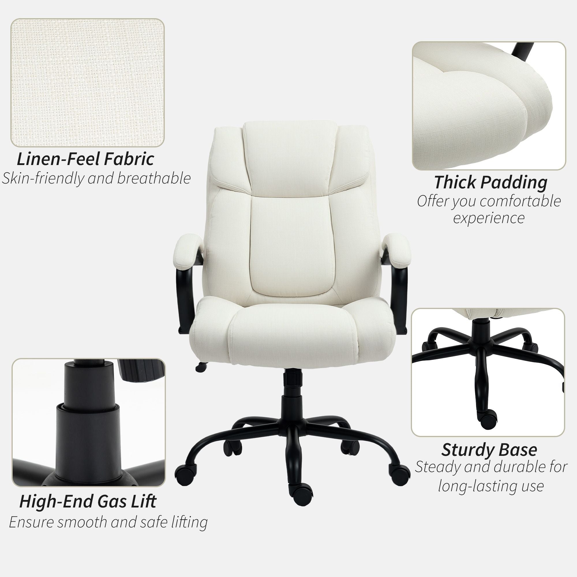 Vinsetto High Back Office Desk Chair, 485lbs Heavy Duty Desk Chair with Swivel Wheels, Cream White