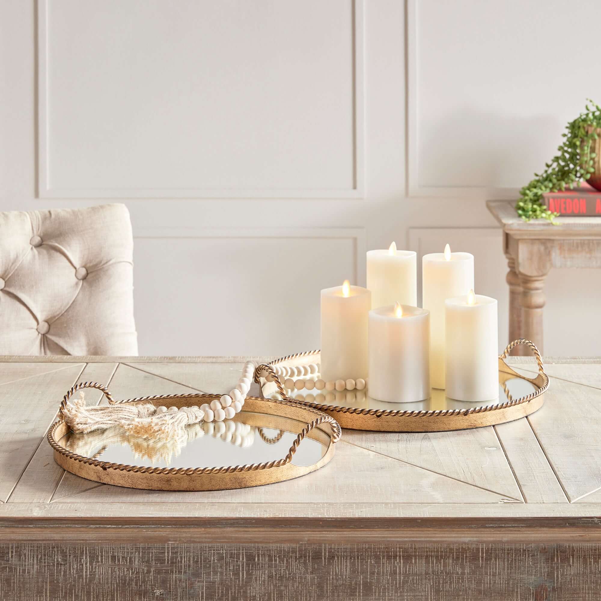 Vintage Gold Mirrored Tray Set with Braided Handles (Set of 2)
