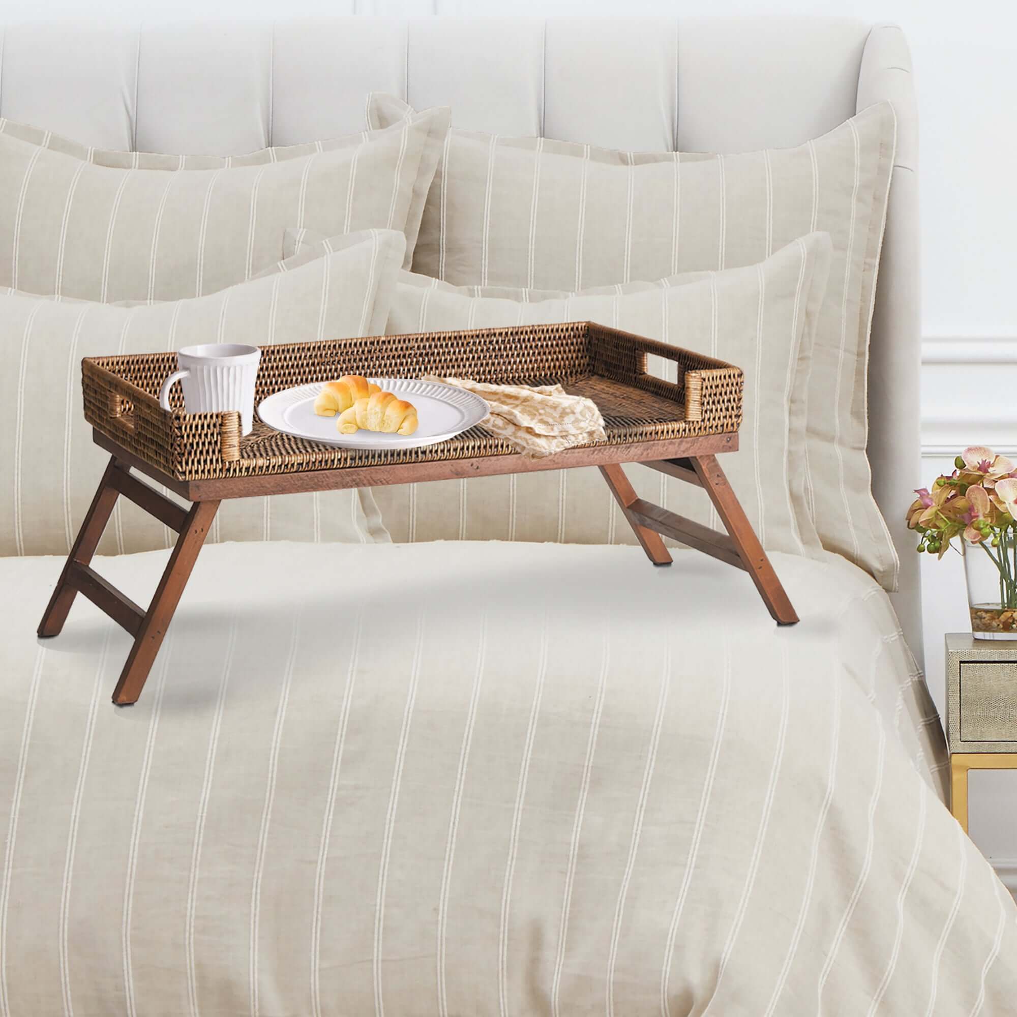 Vintage Rattan Tray Table with Collapsible Legs