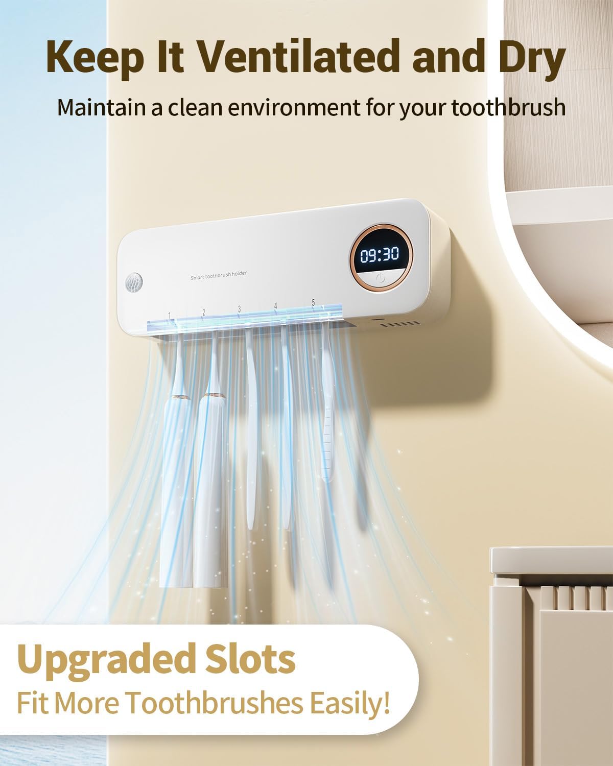 Wall-Mount Toothbrush Holder with Auto-Drying, 4000mAh Battery, Infrared Sensor, Holds 5 Toothbrushes