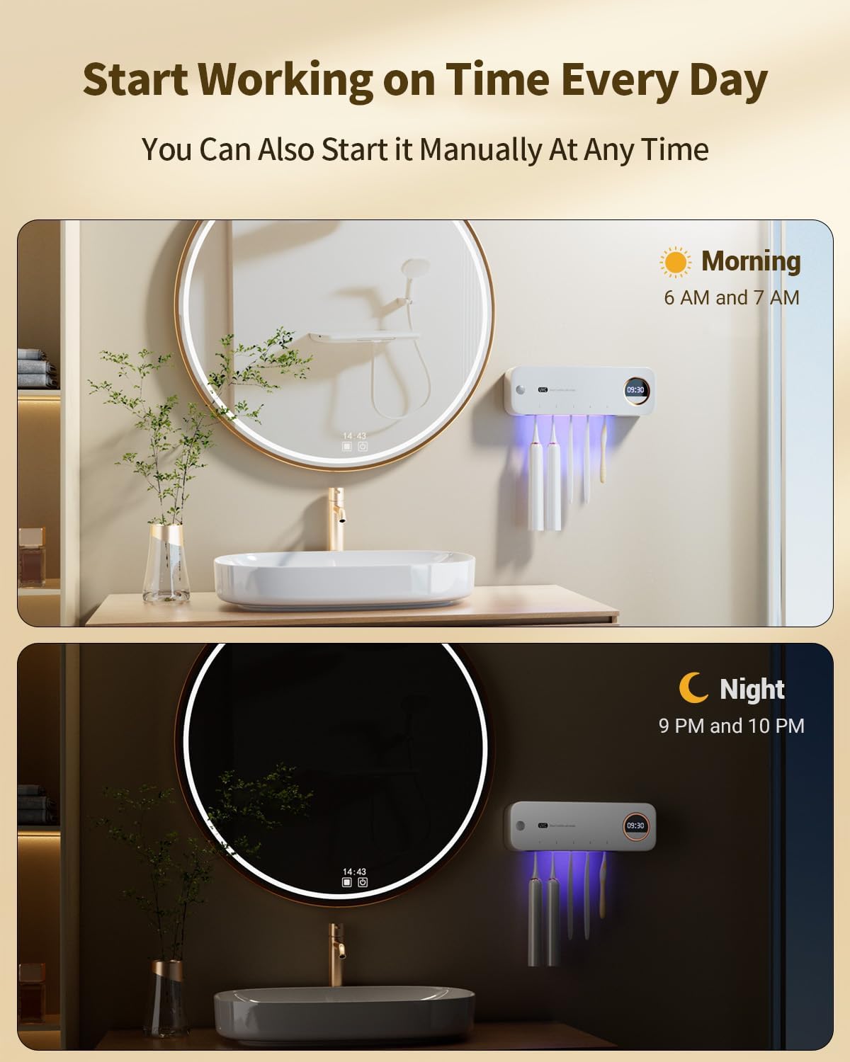Wall-Mount Toothbrush Holder with Auto-Drying, 4000mAh Battery, Infrared Sensor, Holds 5 Toothbrushes