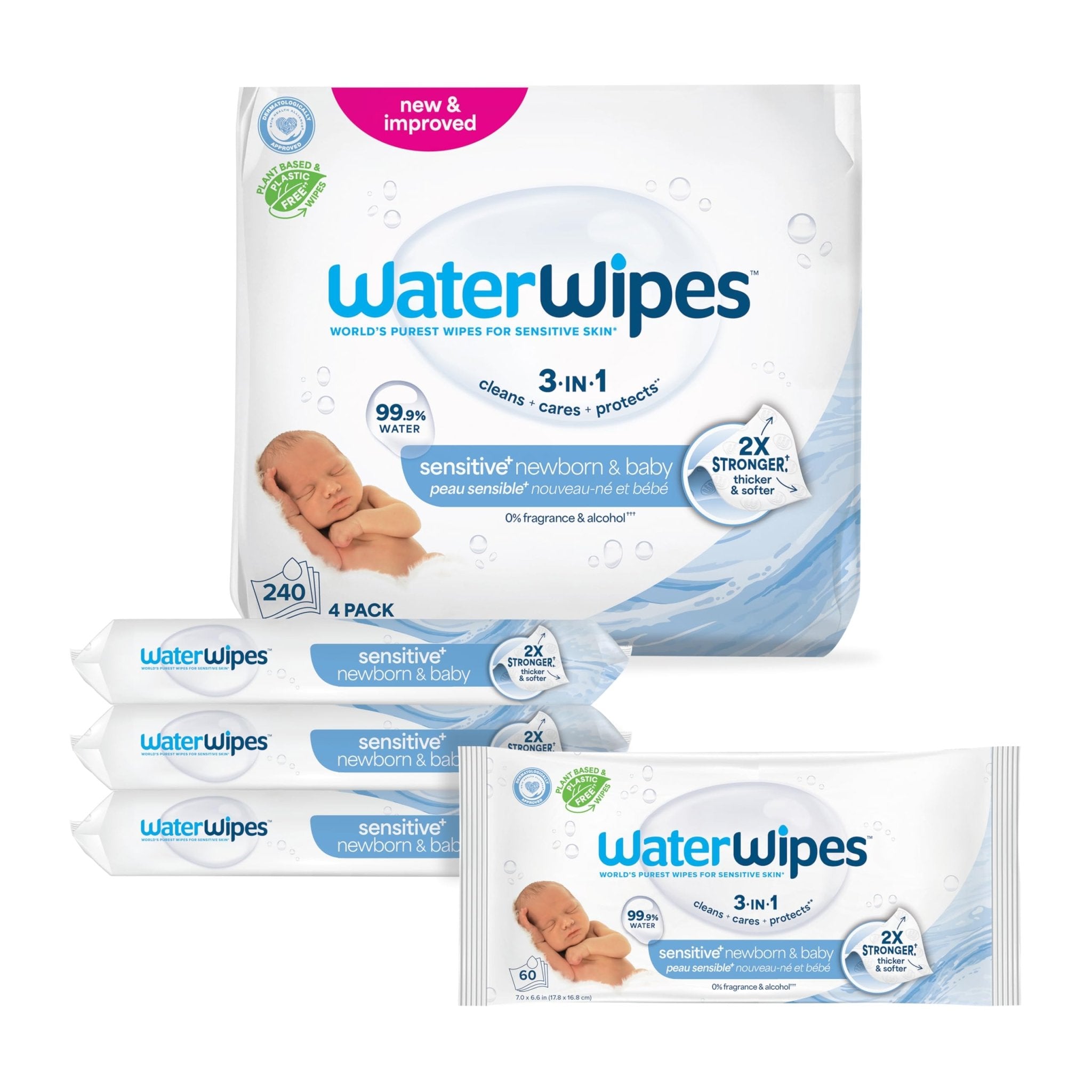 WaterWipes Sensitive+ Newborn & Baby Wipes, 3-In-1 Cleans, Cares, Protects, 99.9% Water, Unscented & Hypoallergenic, 720 Count (12 Packs)
