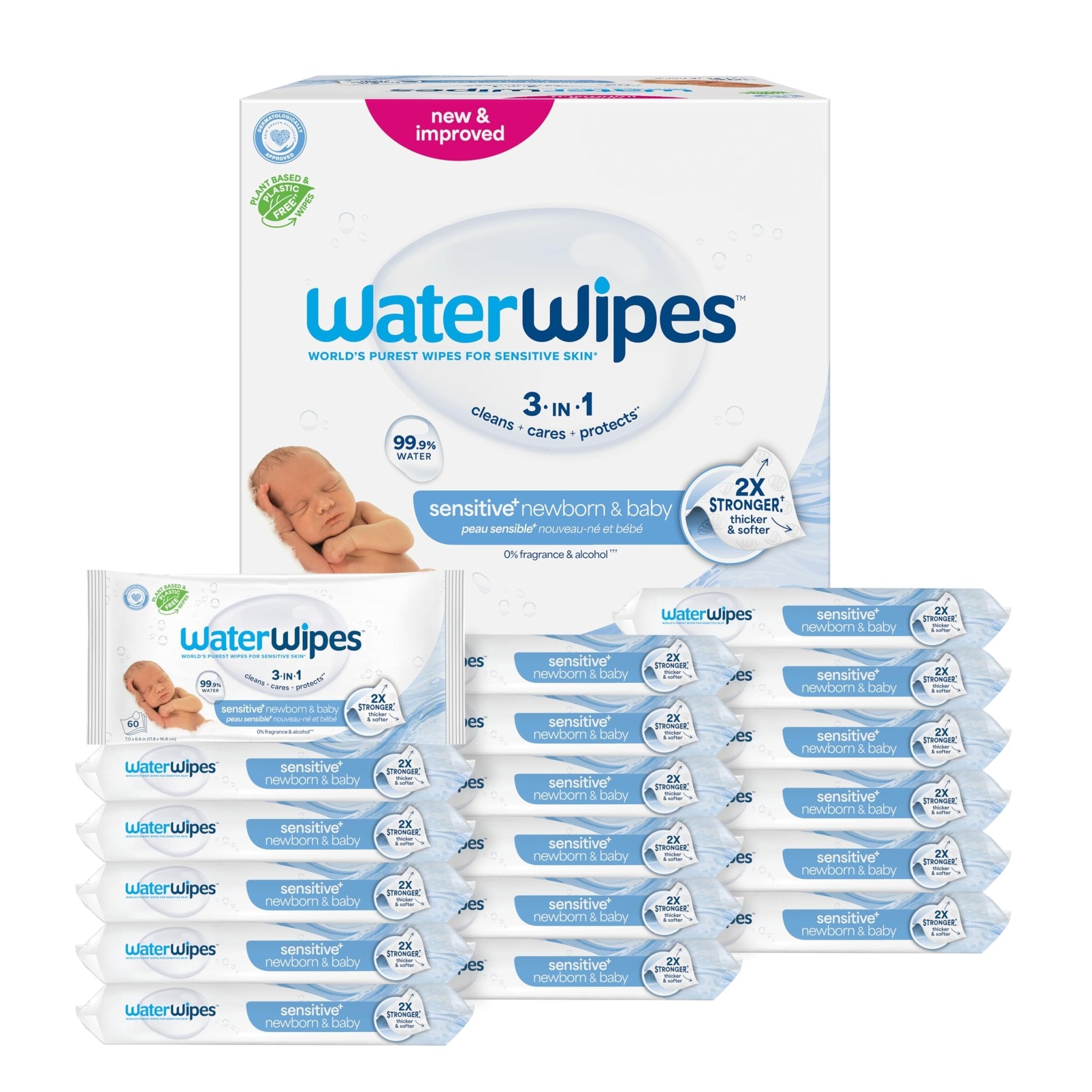 WaterWipes Sensitive+ Newborn & Baby Wipes, 3-In-1 Cleans, Cares, Protects, 99.9% Water, Unscented & Hypoallergenic, 720 Count (12 Packs)