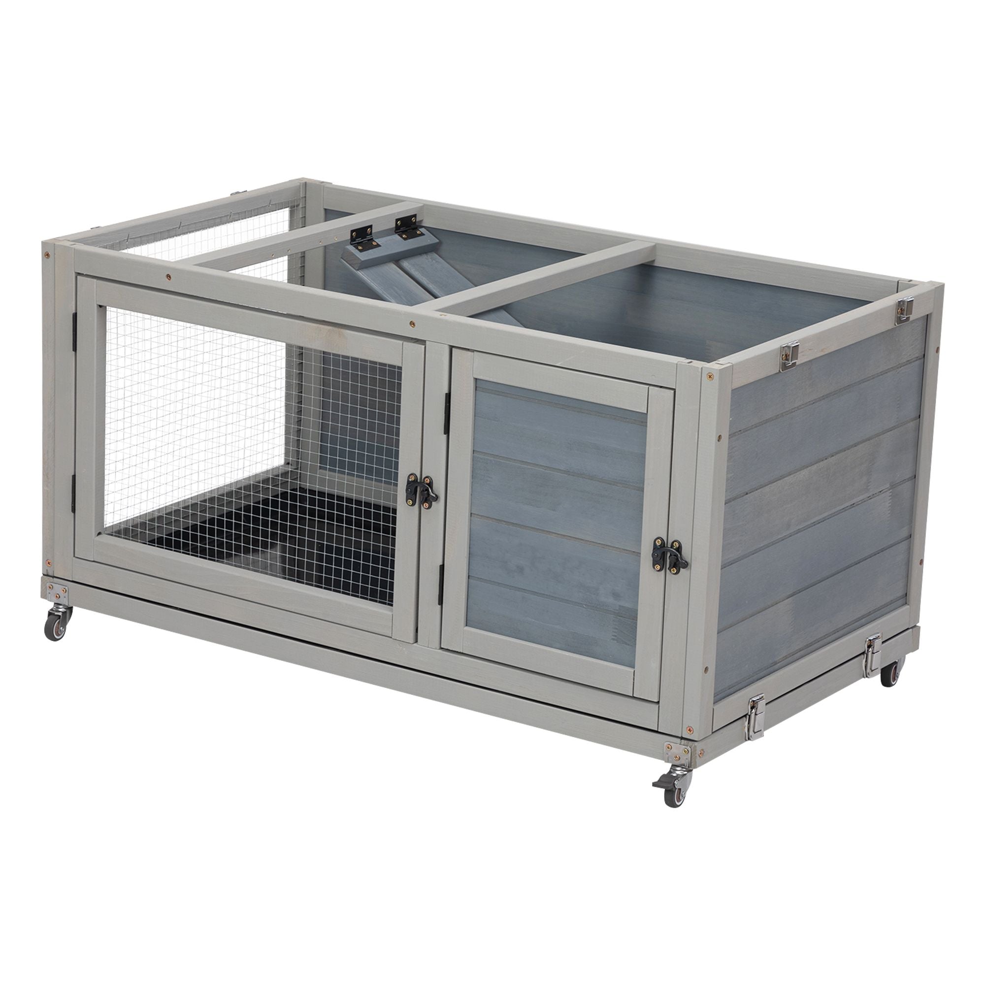 Weatherproof Rabbit House, Indoor/Outdoor Wooden Rabbit Hutch, 2 Story Bunny Cage, Pet House, Wooden Chicken Coop with Wheels, Pull Out Tray for Rabbits and Guinea Pigs, Grey