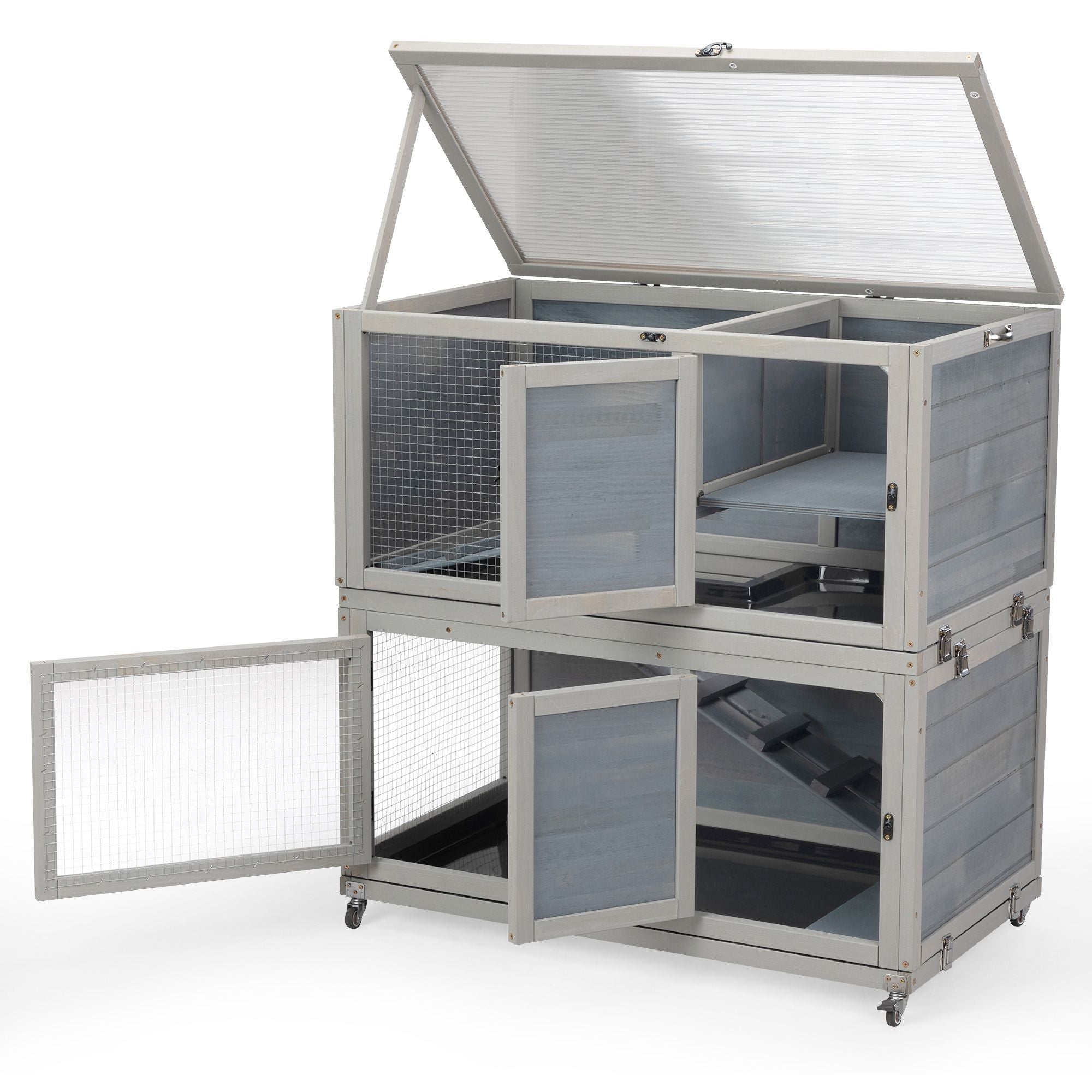 Weatherproof Rabbit House, Indoor/Outdoor Wooden Rabbit Hutch, 2 Story Bunny Cage, Pet House, Wooden Chicken Coop with Wheels, Pull Out Tray for Rabbits and Guinea Pigs, Grey