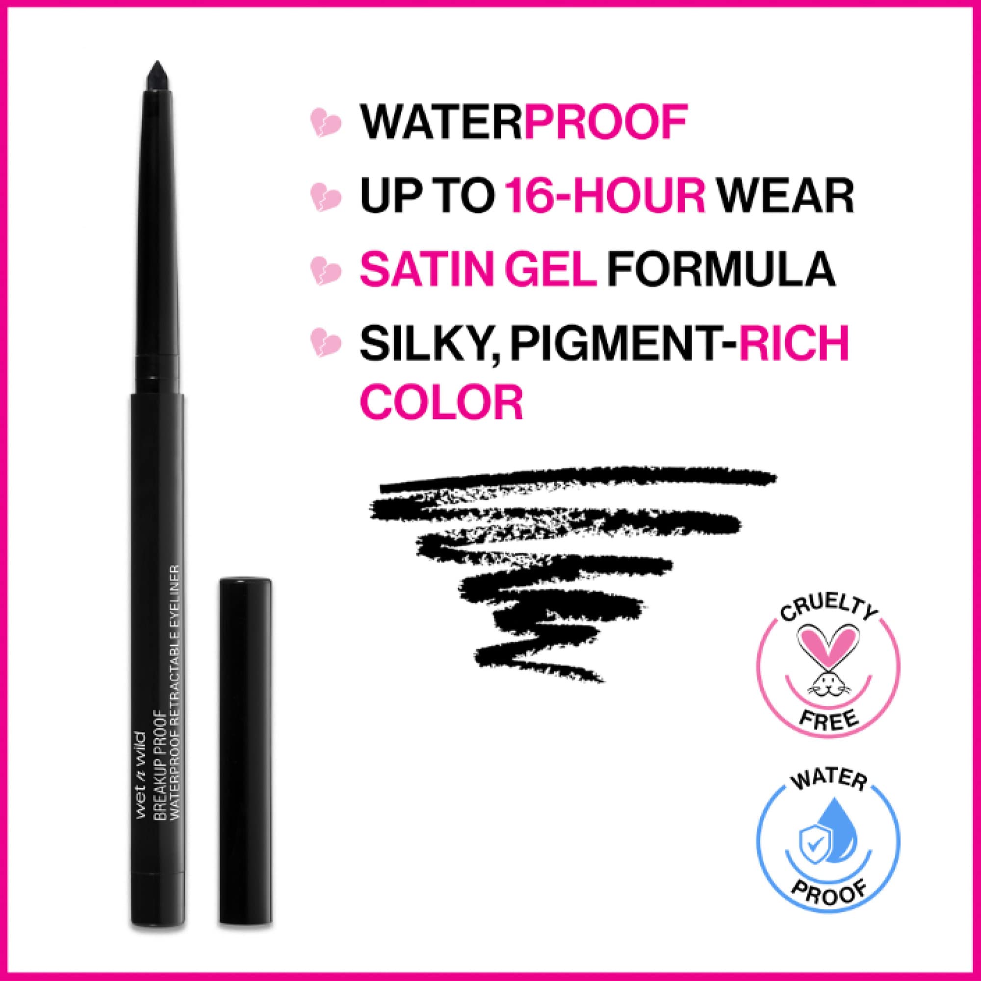 wet n wild Mega Last Breakup Proof Retractable Eyeliner - Waterproof 16-Hour Long-Lasting Wear, Cruelty-Free & Vegan - Blackest Black