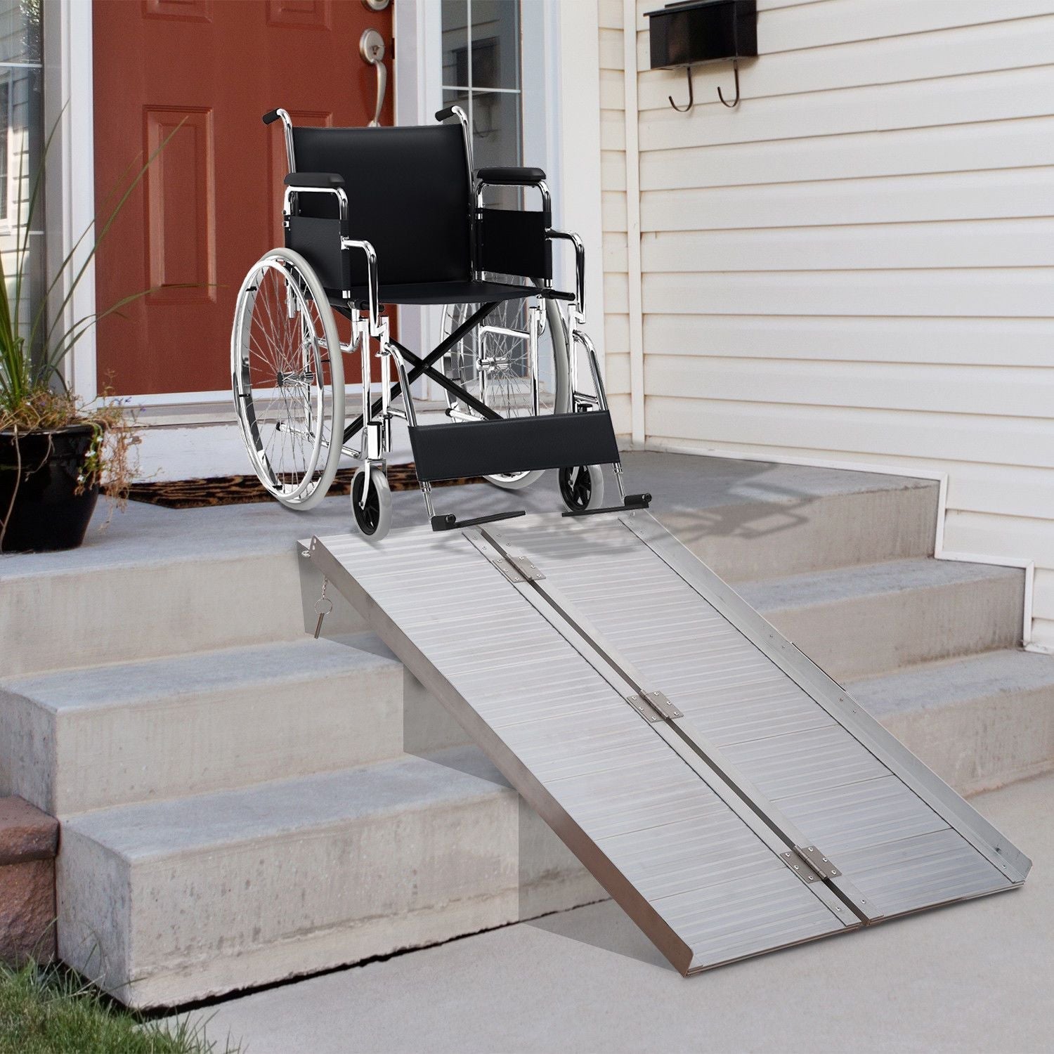 Wheelchair Ramp 4FT, Folding Aluminum Threshold Ramp with Non-Slip Surface, Transition Plates, 600lbs Weight Capacity, Handicap Ramp for Home, Doorways, Curbs, Steps