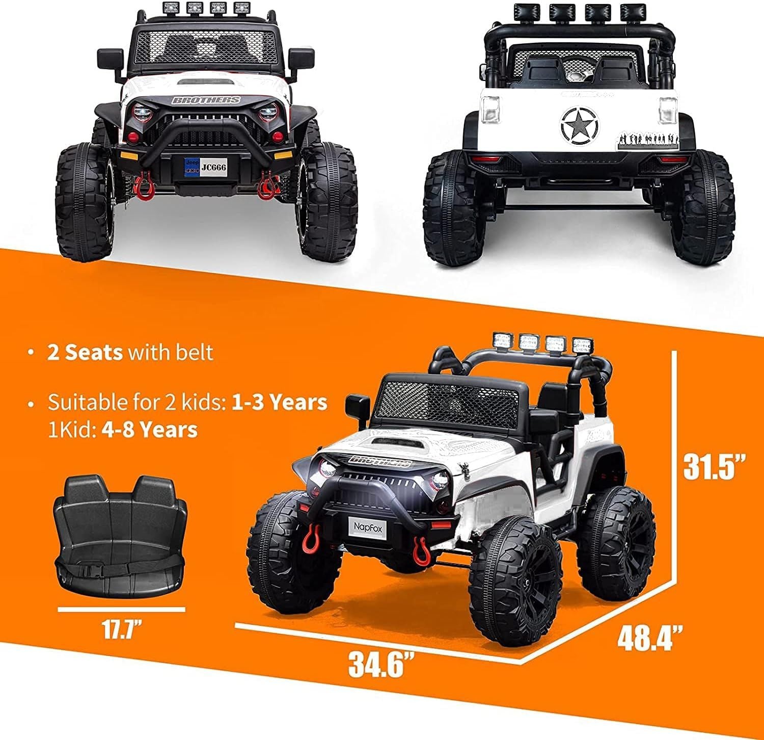 White 48.4" Large Ride On Car for Kids, Battery Powered Electric Car with 2 Seats, Remote Control, 14" Large Suspension Wheels, LED Lights, Music, Bluetooth for Boys & Girls