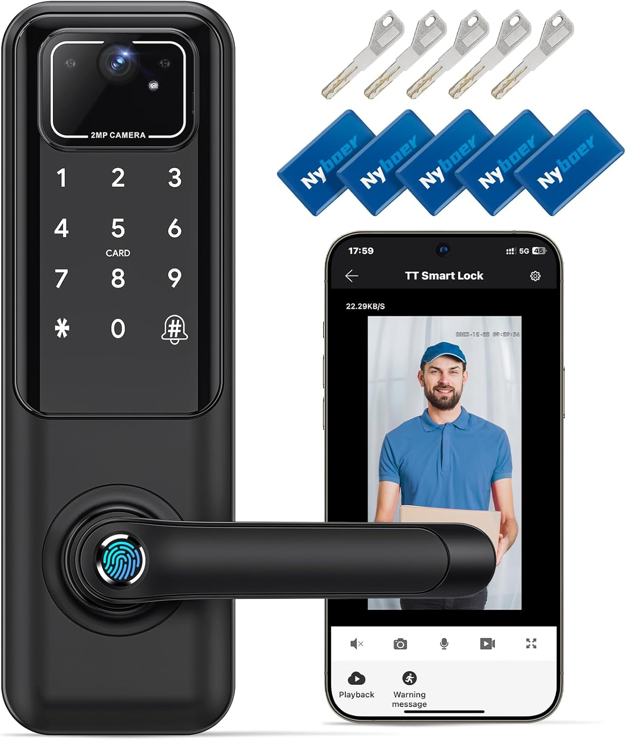 WiFi Camera Video Smart Door Lock with Fingerprint, Nyboer Keyless Entry, Electronic Digital Keypad with Handle