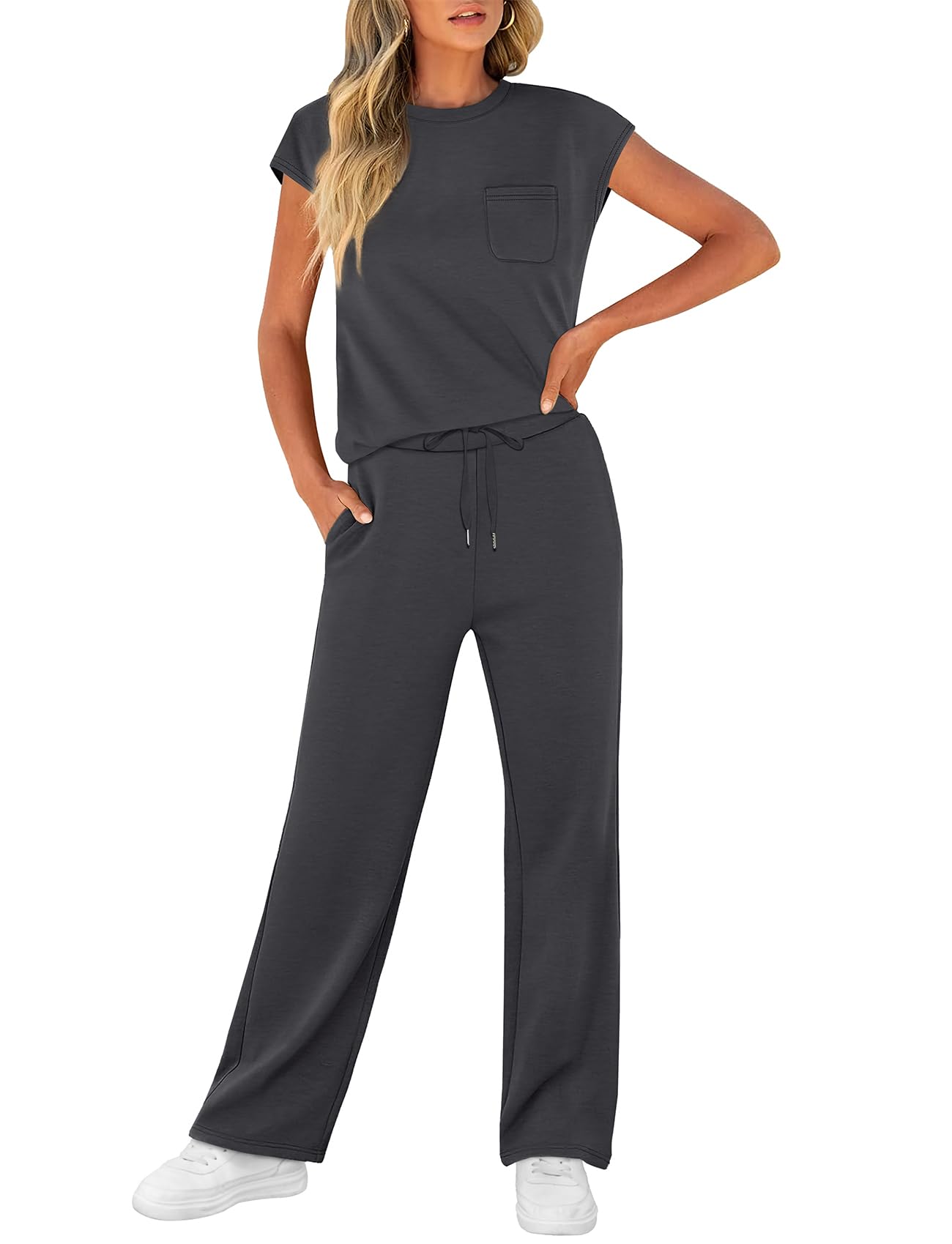 WIHOLL 2 Piece Sets for Women Casual Summer Travel Vacation Outfits Cap Sleeve Lounge Set