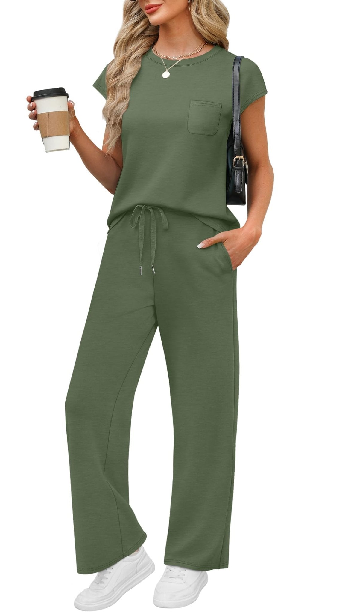 WIHOLL 2 Piece Sets for Women Casual Summer Travel Vacation Outfits Cap Sleeve Lounge Set