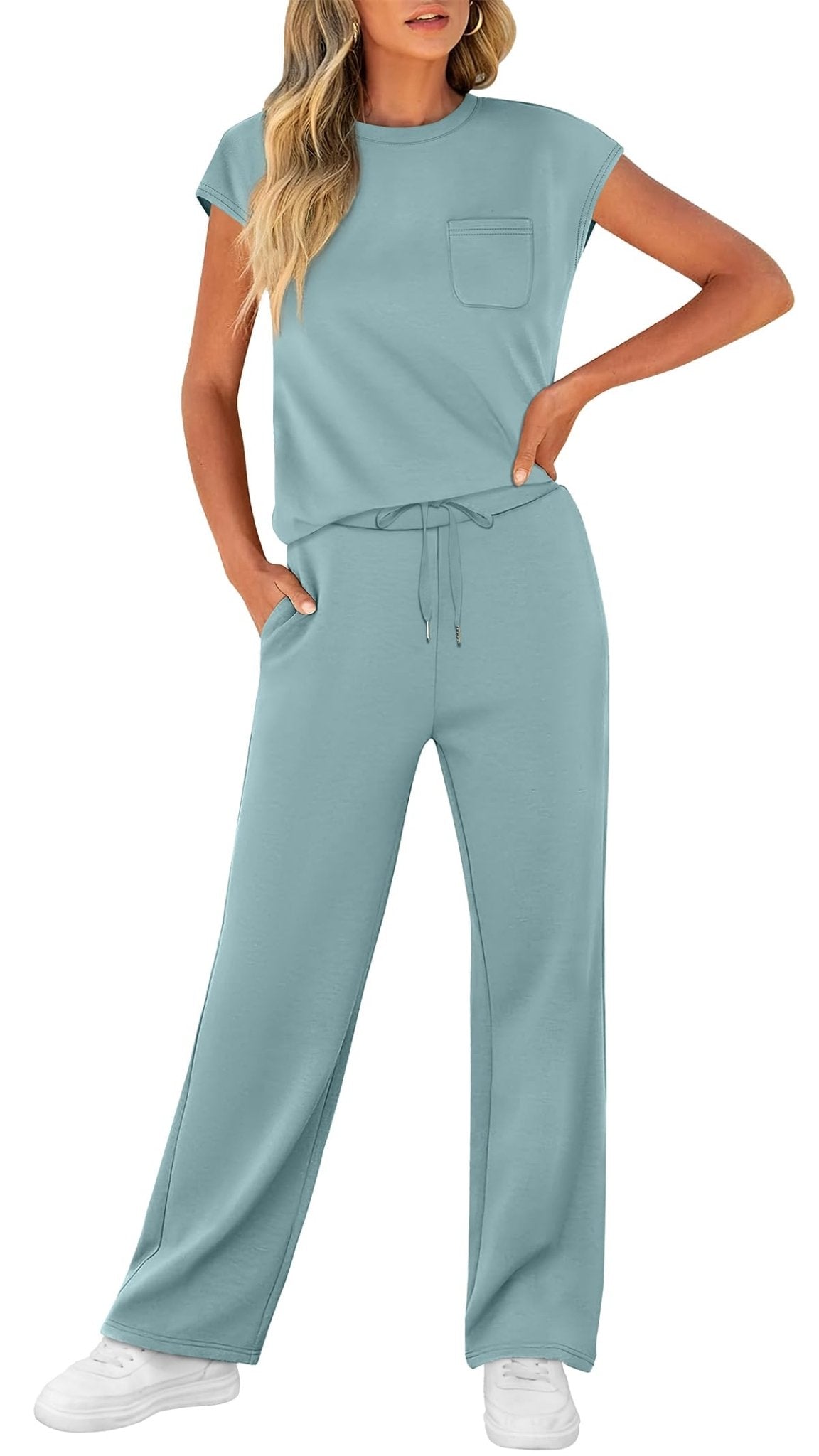 WIHOLL 2 Piece Sets for Women Casual Summer Travel Vacation Outfits Cap Sleeve Lounge Set