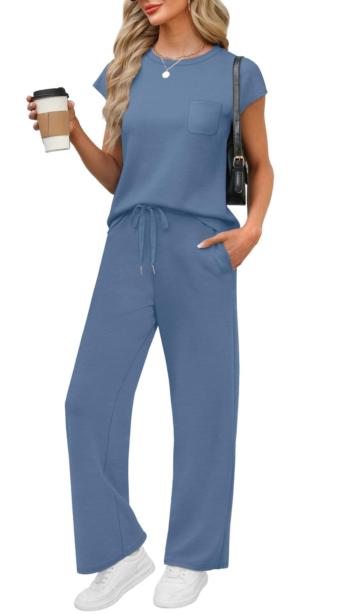 WIHOLL 2 Piece Sets for Women Casual Summer Travel Vacation Outfits Cap Sleeve Lounge Set