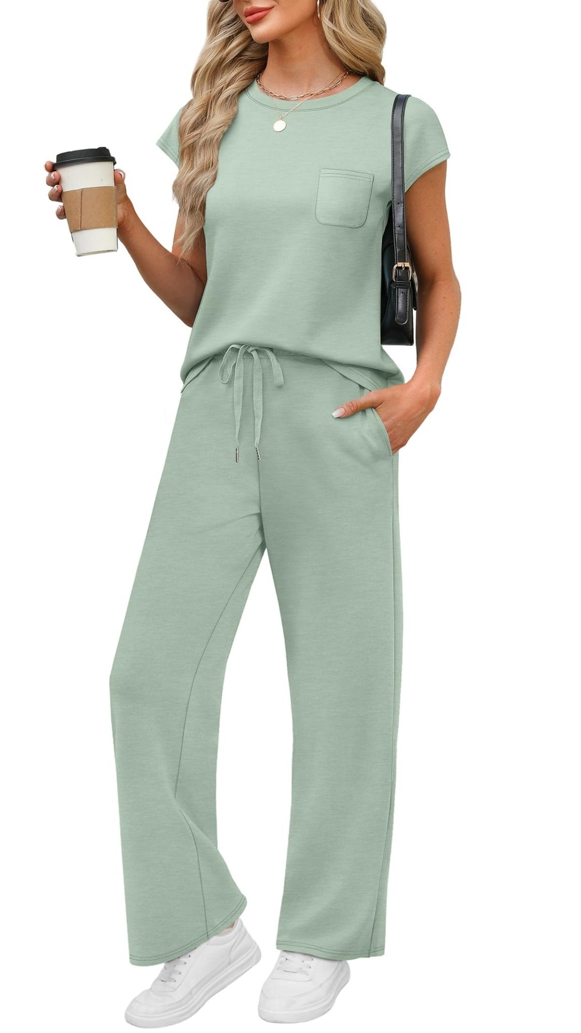 WIHOLL 2 Piece Sets for Women Casual Summer Travel Vacation Outfits Cap Sleeve Lounge Set