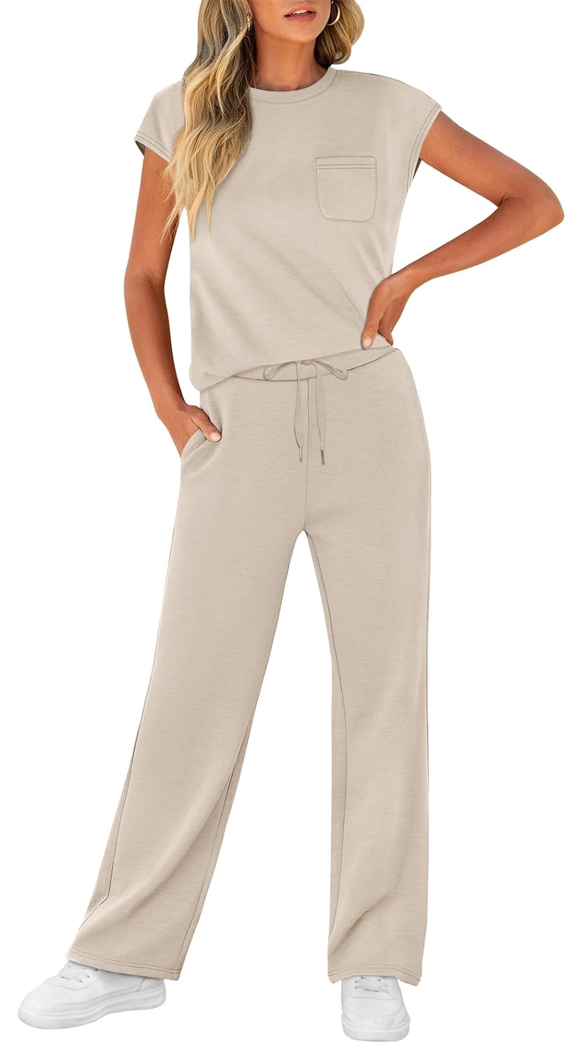 WIHOLL 2 Piece Sets for Women Casual Summer Travel Vacation Outfits Cap Sleeve Lounge Set