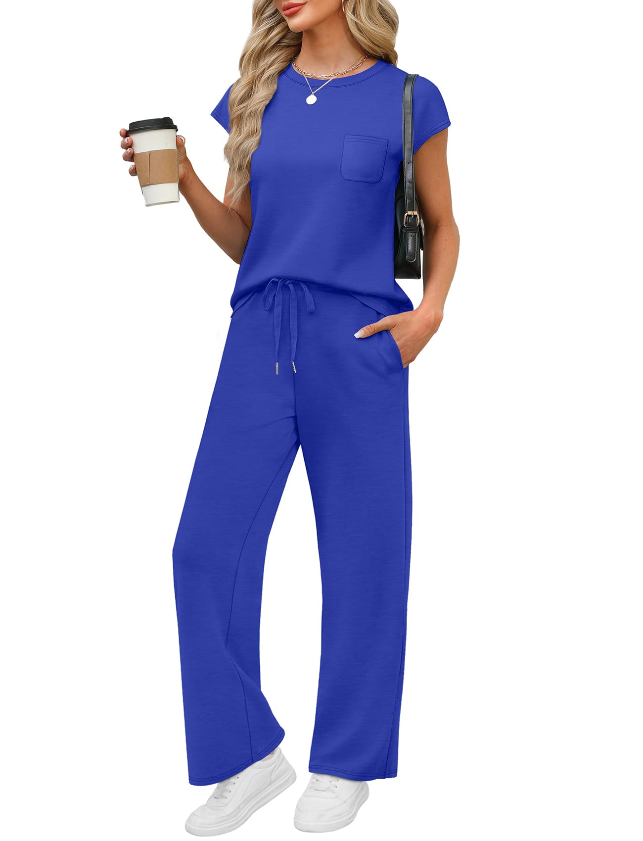 WIHOLL 2 Piece Sets for Women Casual Summer Travel Vacation Outfits Cap Sleeve Lounge Set