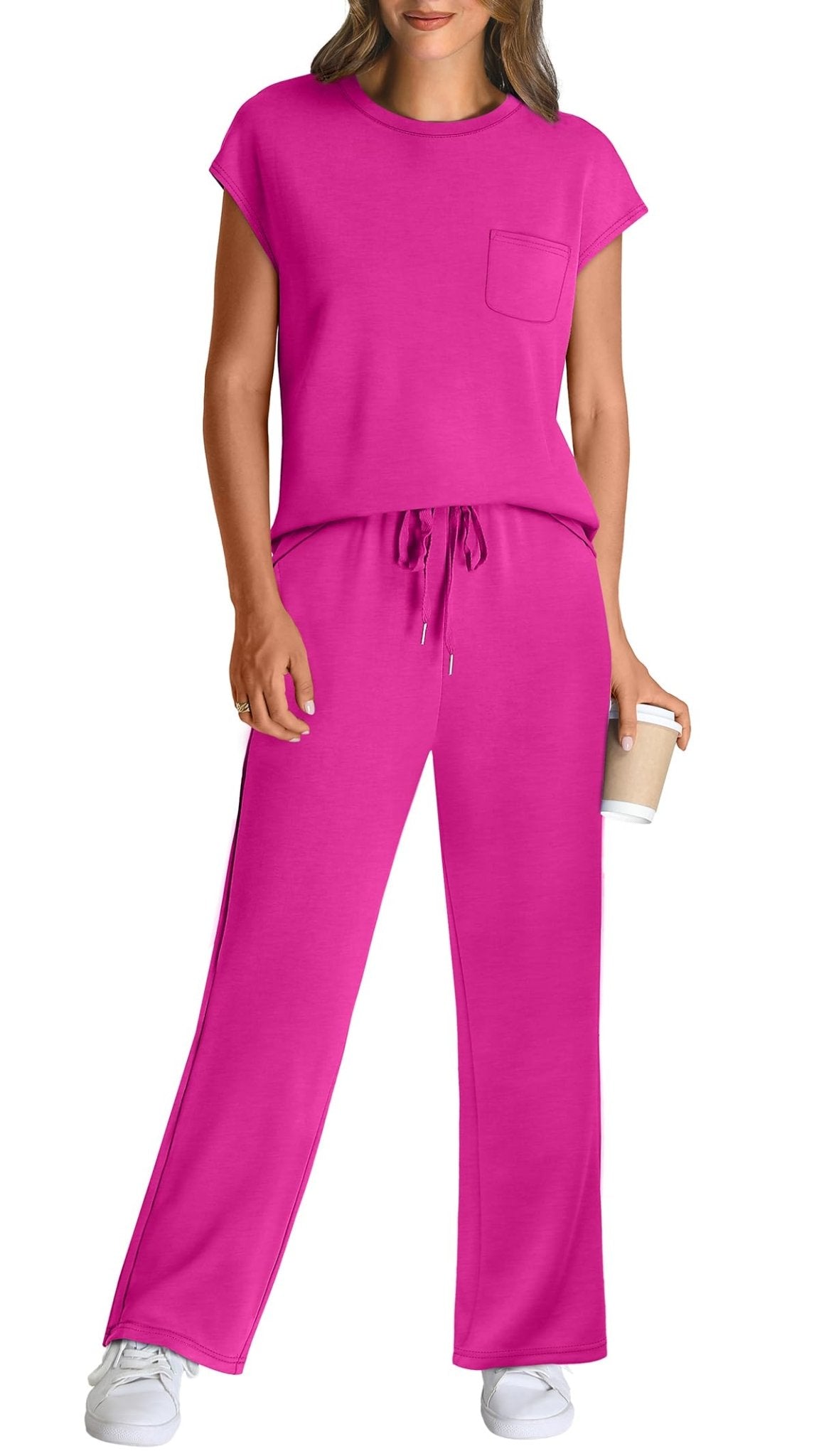 WIHOLL 2 Piece Sets for Women Casual Summer Travel Vacation Outfits Cap Sleeve Lounge Set