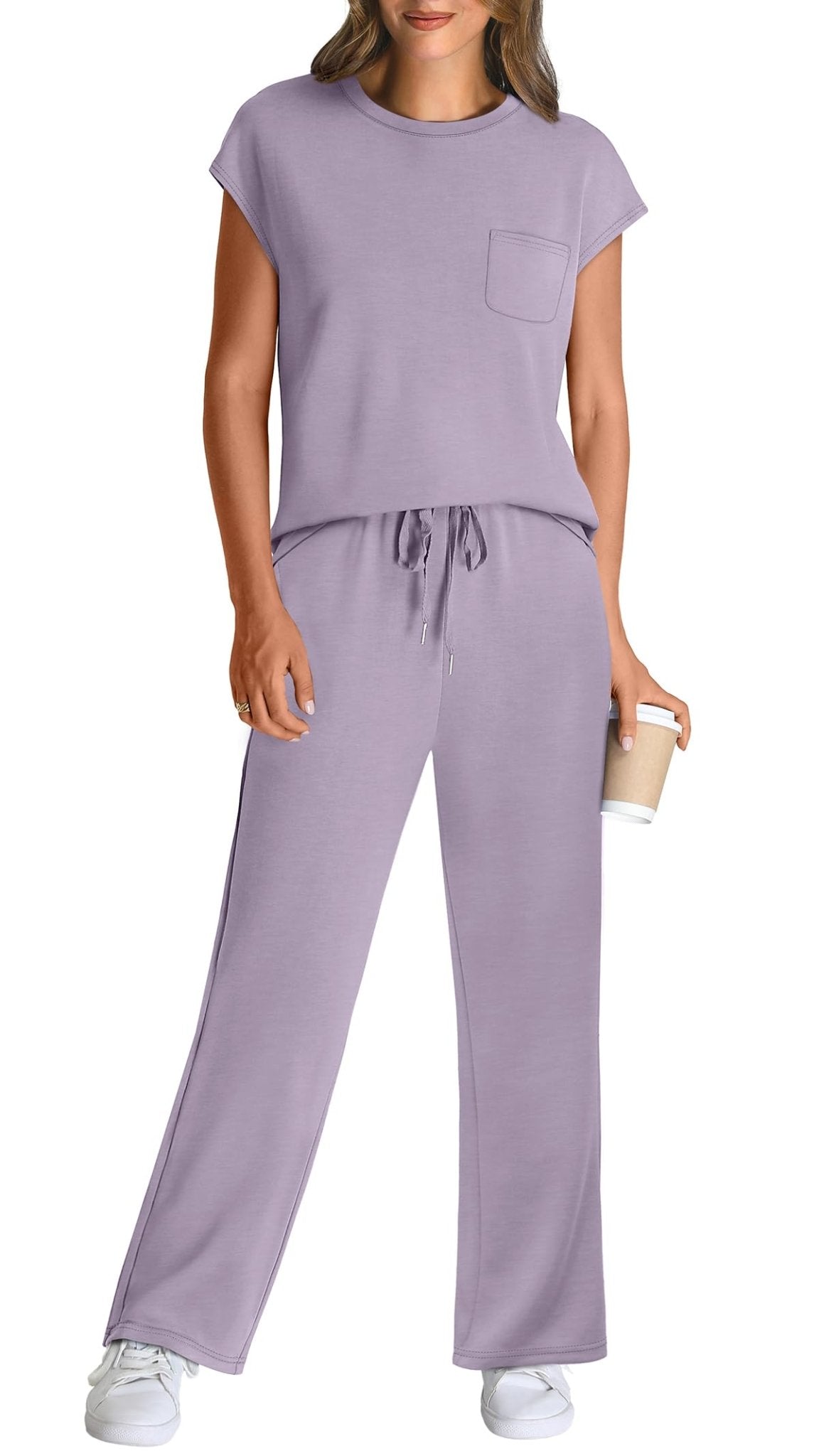 WIHOLL 2 Piece Sets for Women Casual Summer Travel Vacation Outfits Cap Sleeve Lounge Set